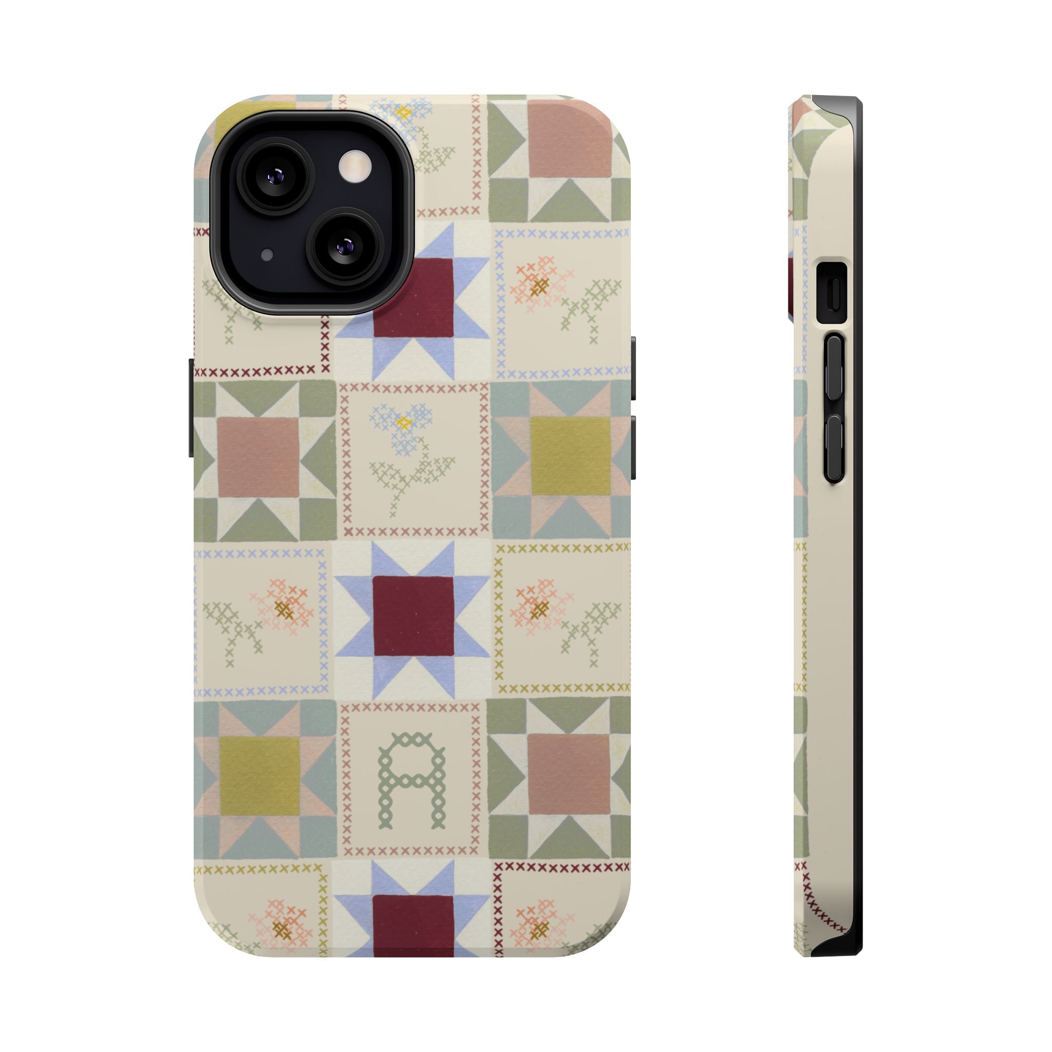 Patchwork personalized iPhone case featuring a multicolored quilt pattern with various geometric shapes and floral designs.