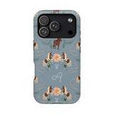 Prairie personalized iPhone case featuring a blue background with horse and floral patterns, and a monogrammed letter "A".
