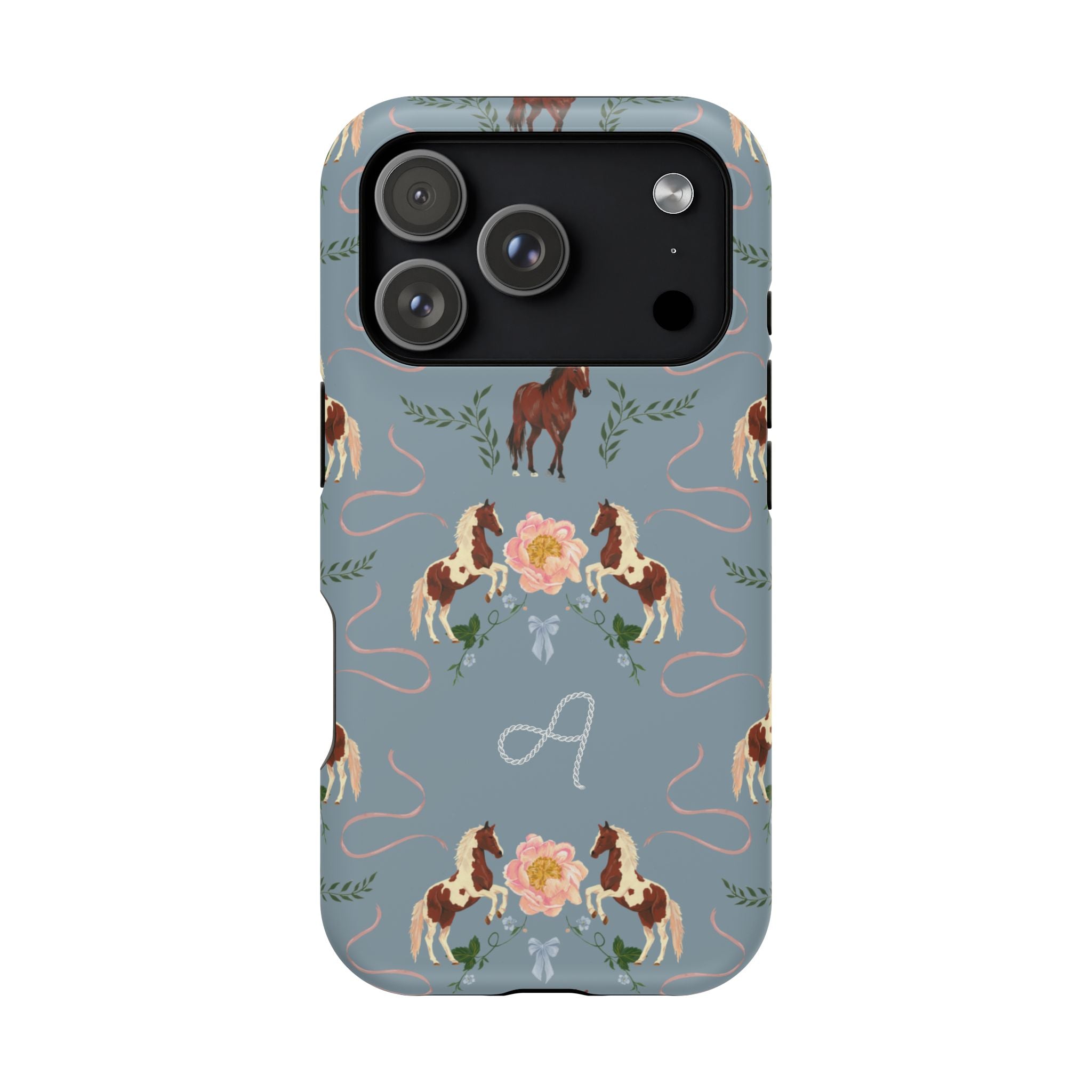 Prairie personalized iPhone case featuring a blue background with horse and floral patterns, and a monogrammed letter "A".