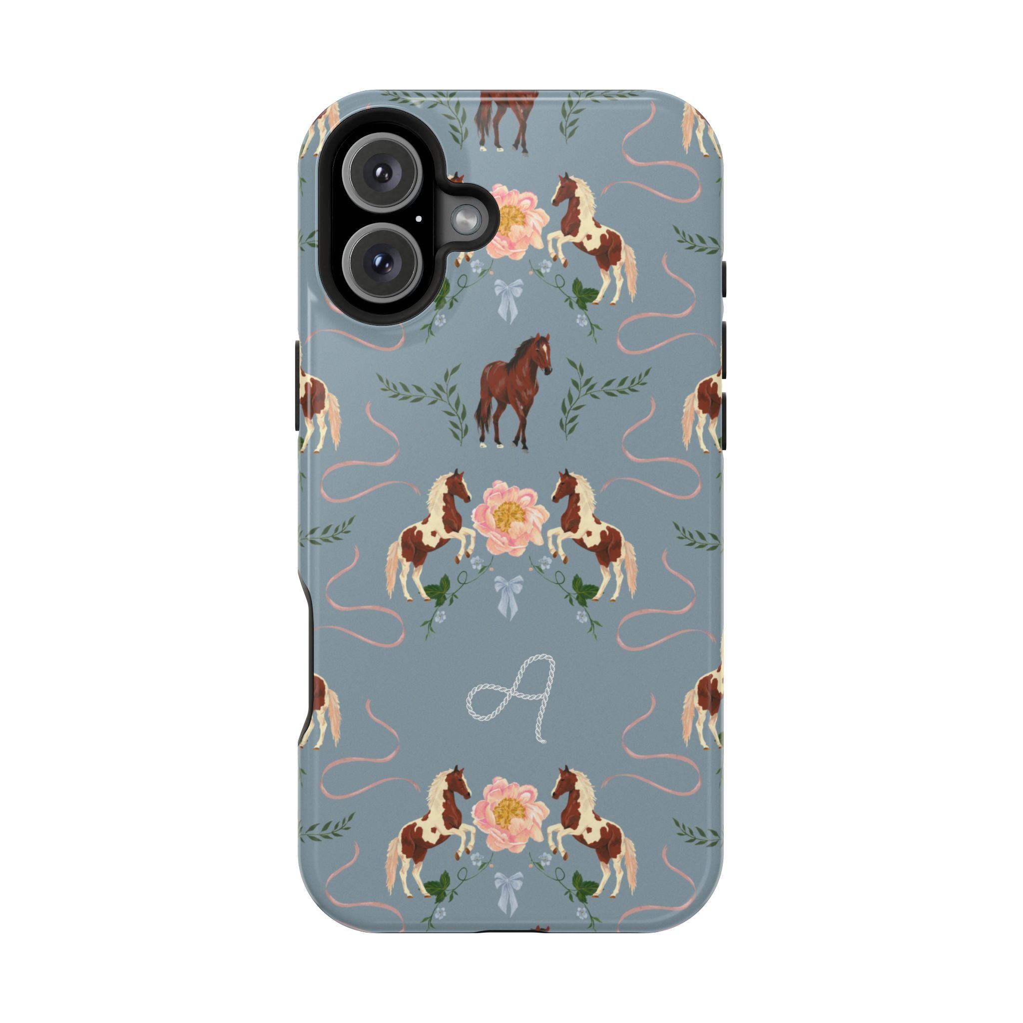 Prairie personalized iPhone case featuring a blue background with floral and horse patterns, and a monogrammed letter "A".