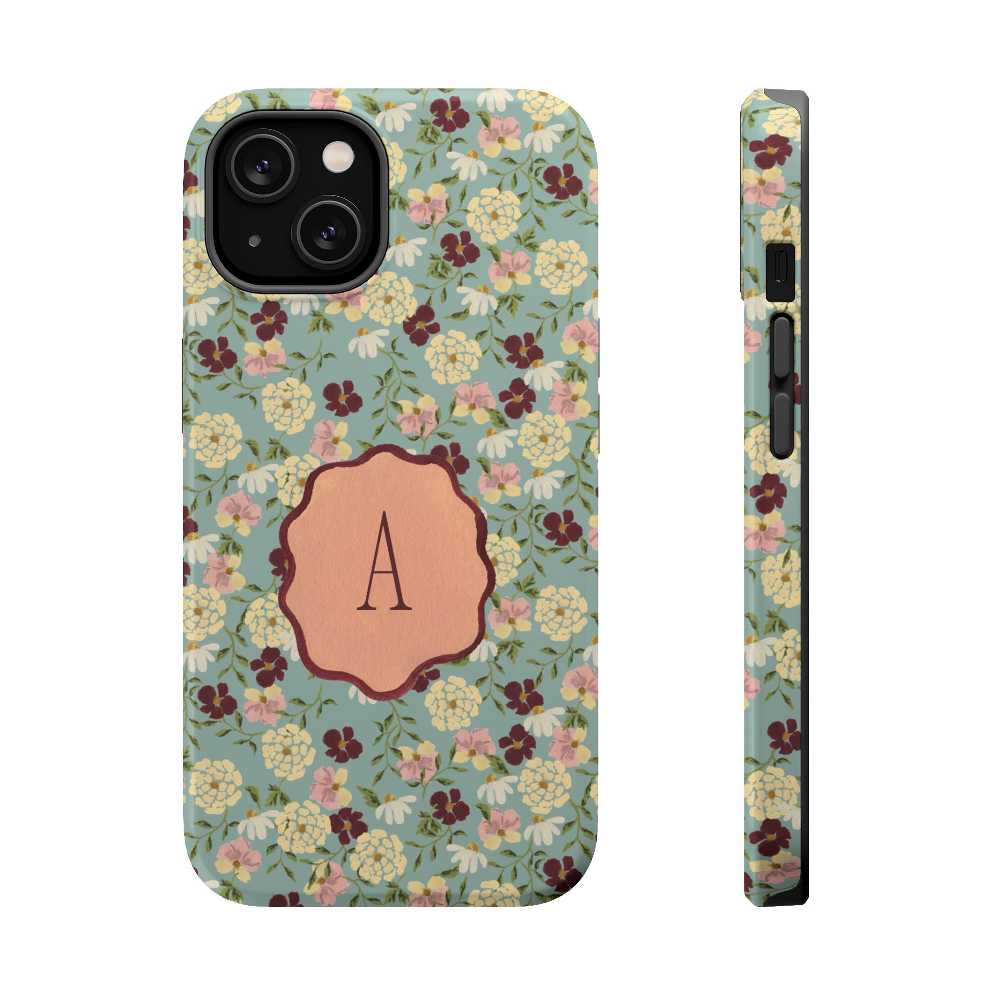 Posy personalized iPhone case featuring a floral design with an initial "A" on a mint green background.