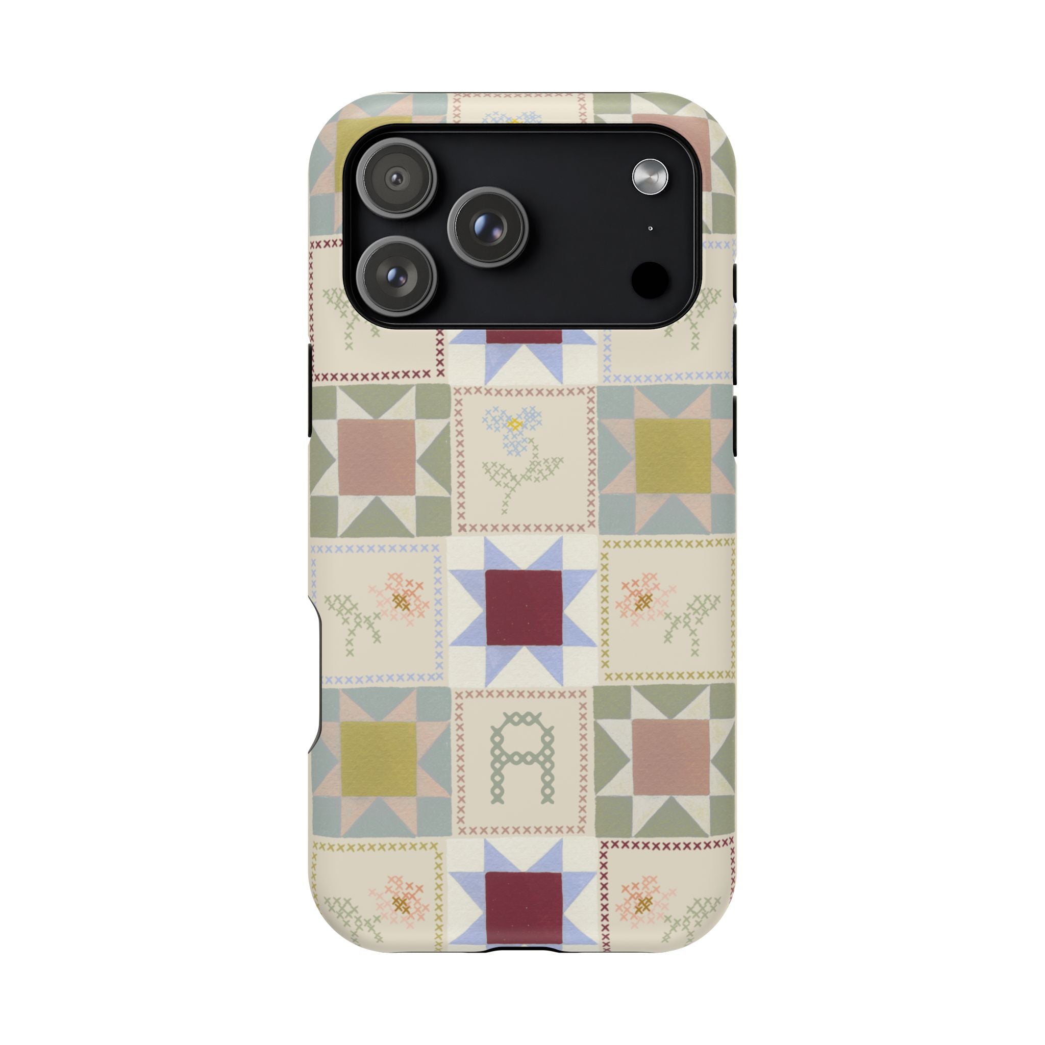 Patchwork personalized iPhone case featuring a colorful quilt design with various geometric patterns and soft colors.