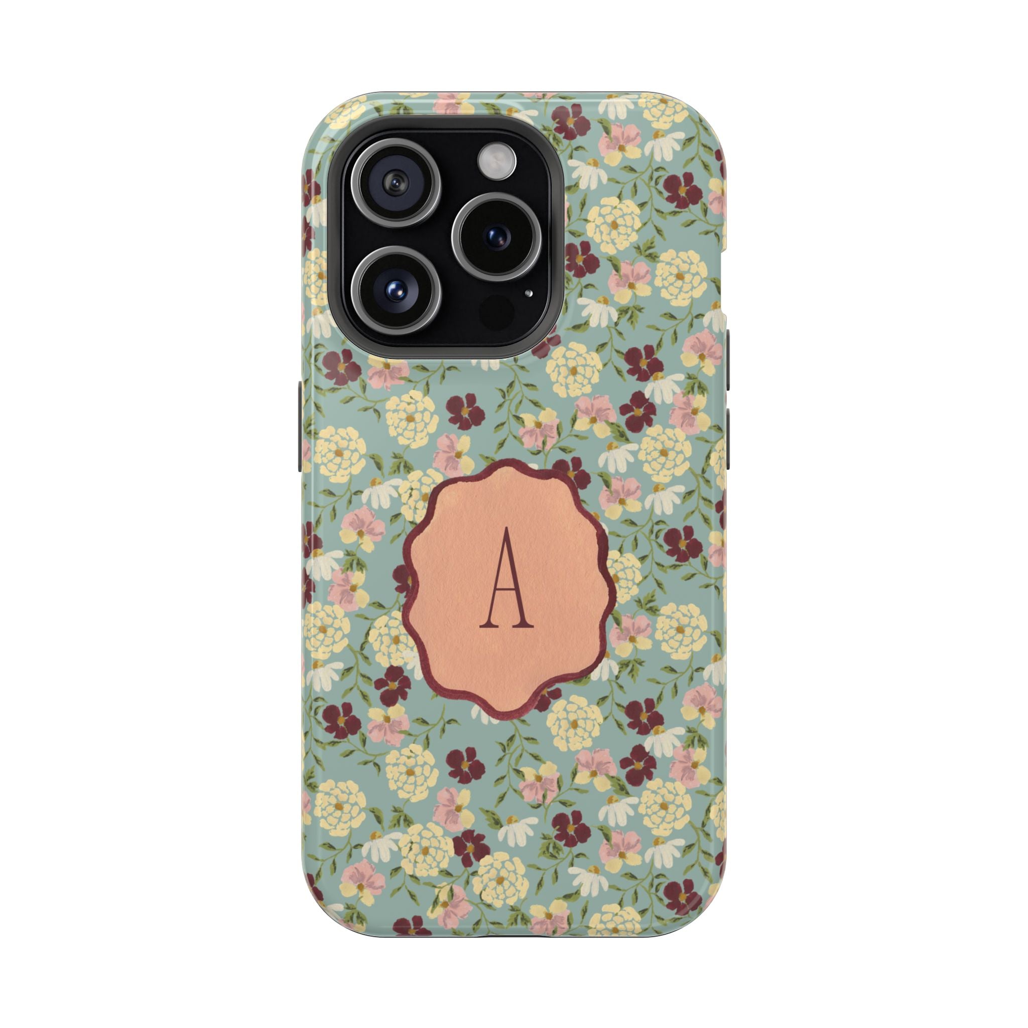 Posy personalized iPhone case featuring a floral design with a central monogram "A" on a green background.
