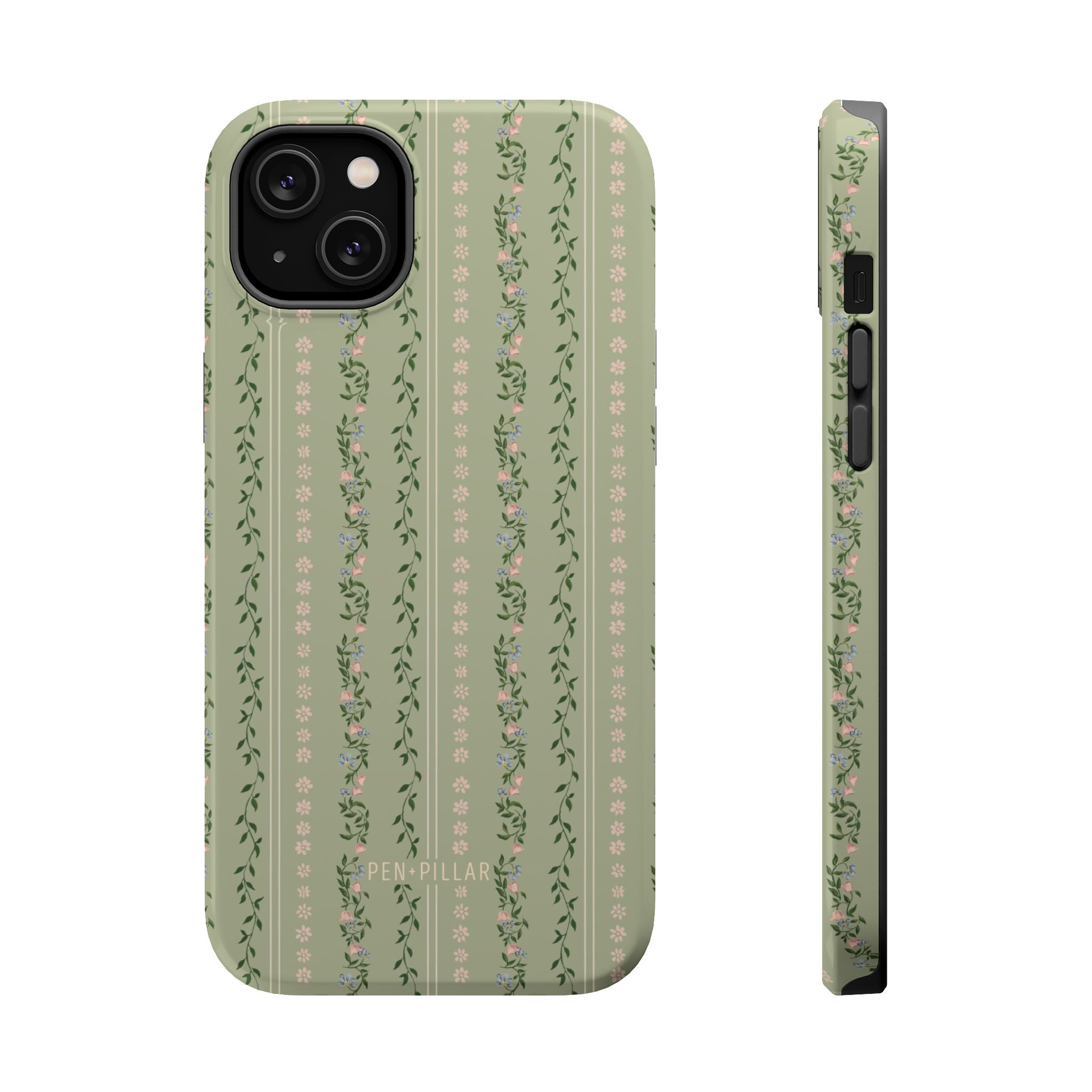 Phone case with floral pattern on a light green background