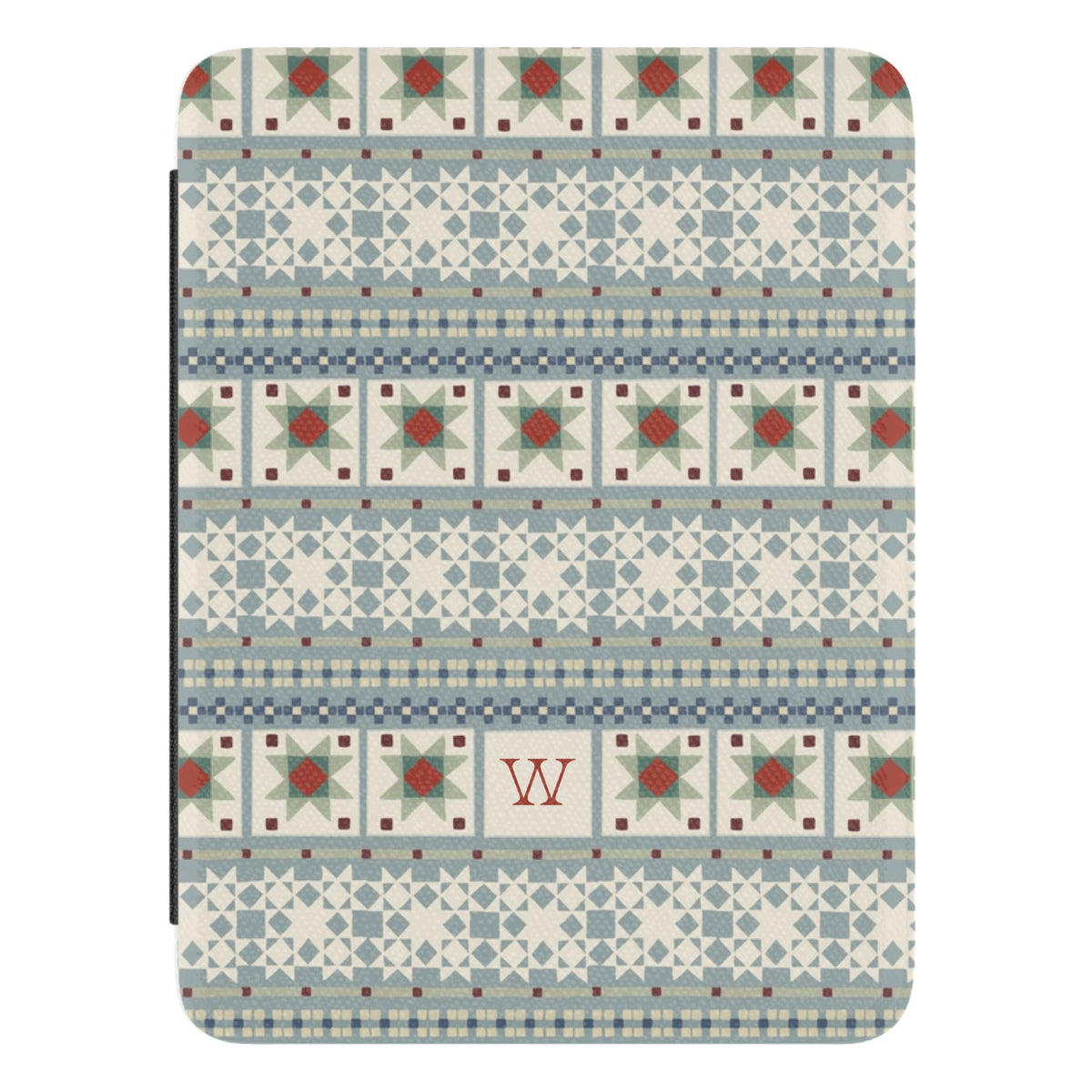 Winterberry Personalized Kindle case, close-up of the front: pale blue Fair Isle bands with red and green quilt stars with the initial W