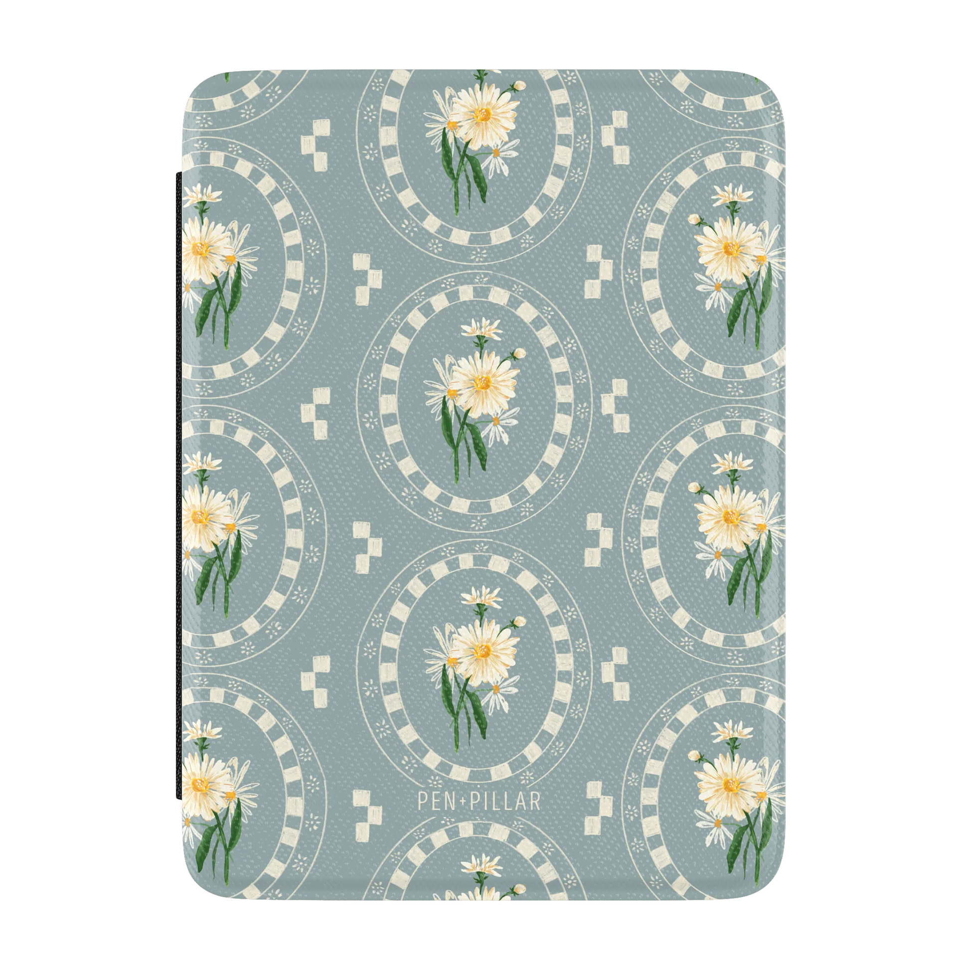 Blue Kindle case with white daisy bouquets in oval frames and PEN+PILLAR printed at the bottom.