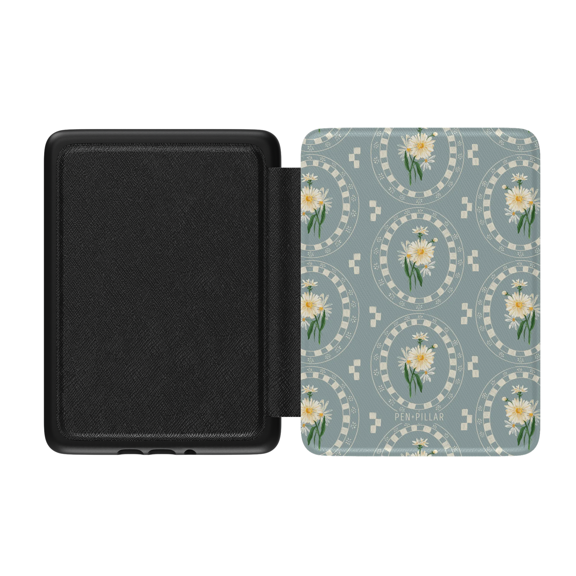 Open Kindle case with a black interior and a blue exterior featuring a daisy pattern and the text PEN PILLAR.