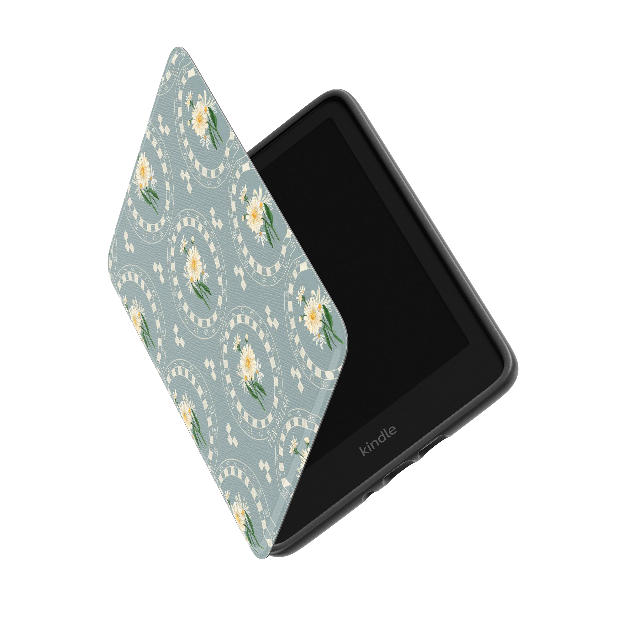 Light blue Kindle case with white daisy floral patterns in circular frames and the word April printed on the cover.