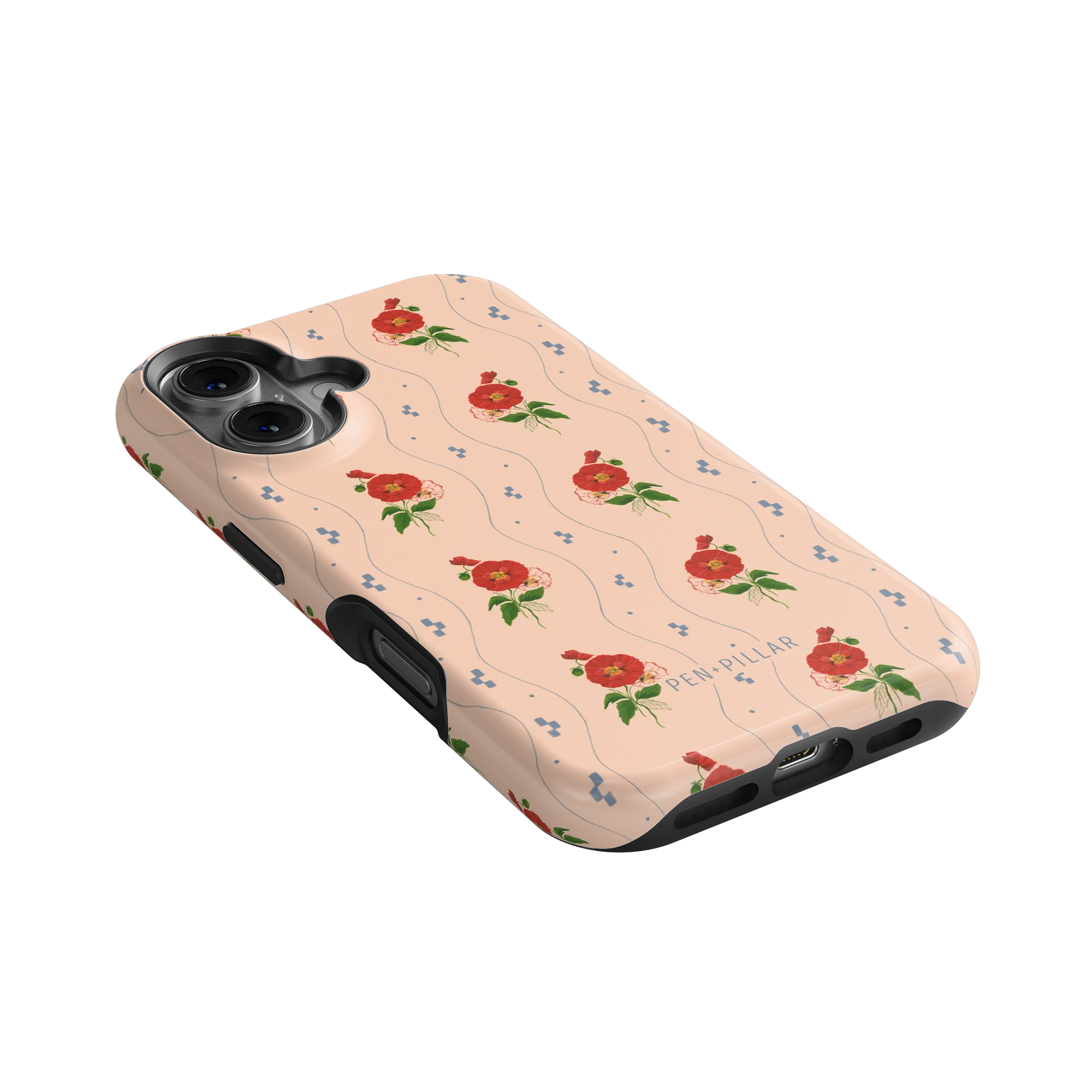 Tan plastic iPhone case with red poppy flowers, blue dots, and wavy lines. Printed with PEN + PILLAR.