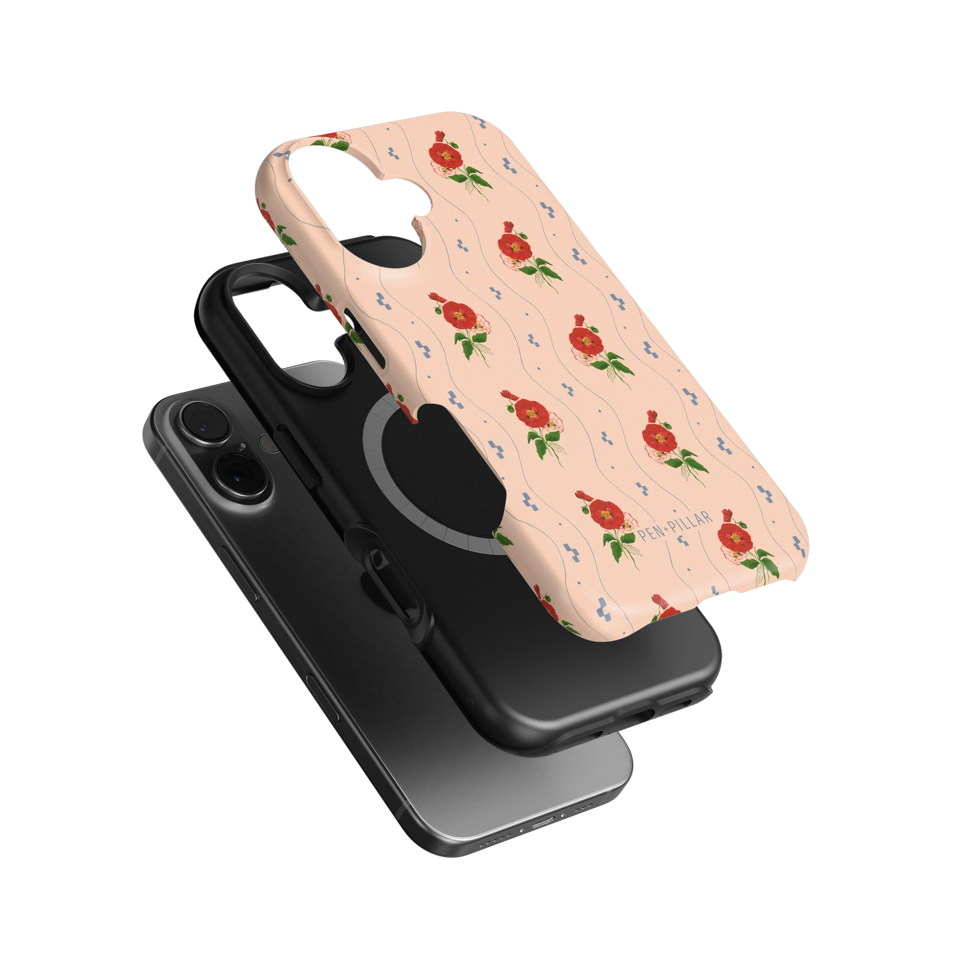 Three-piece iPhone case assembly with a peach floral outer shell, black inner liner, and grey phone. Label reads PEN+PILLAR.