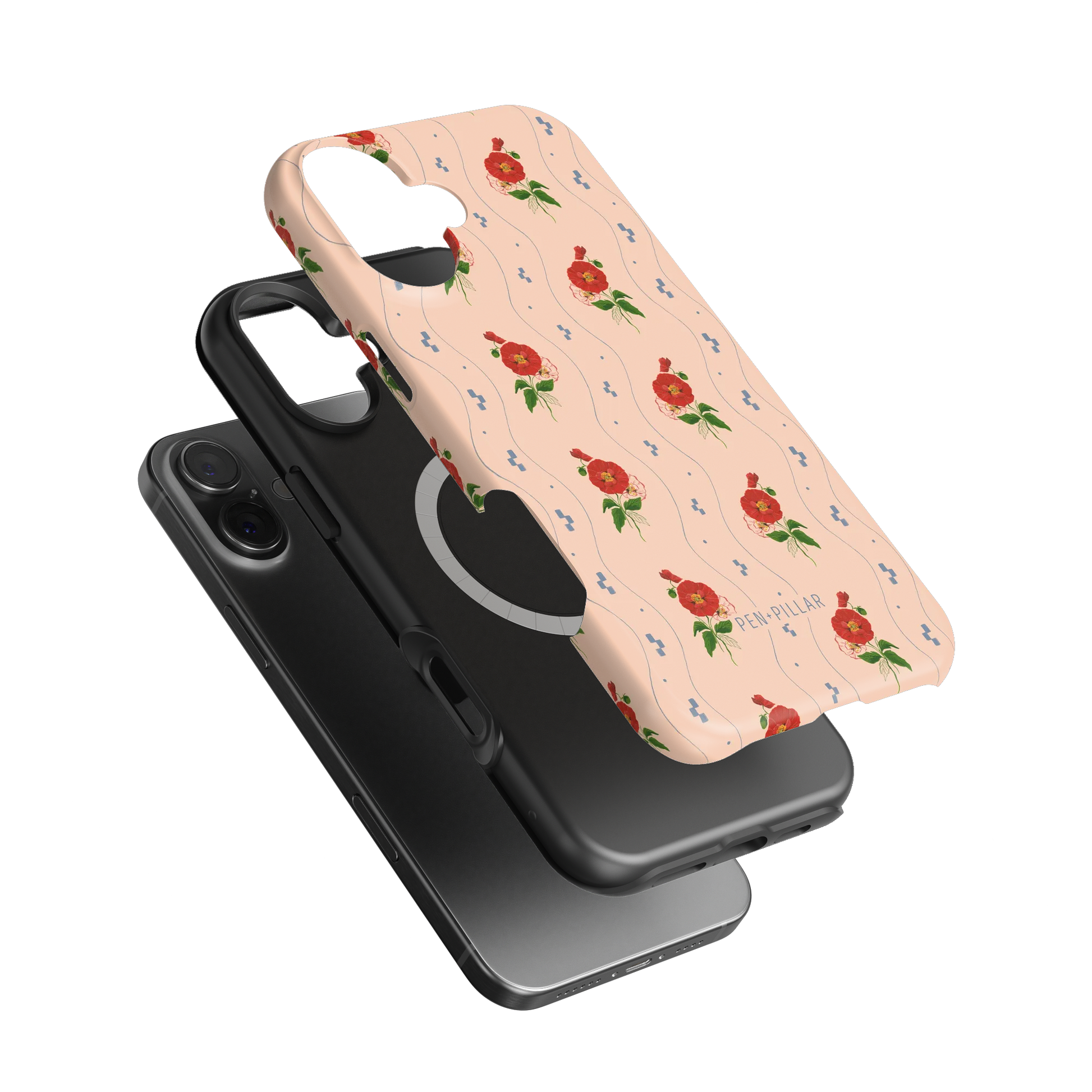 Peach plastic iPhone case with red floral pattern and PEN + PILLAR text, shown in an exploded view with a black liner.