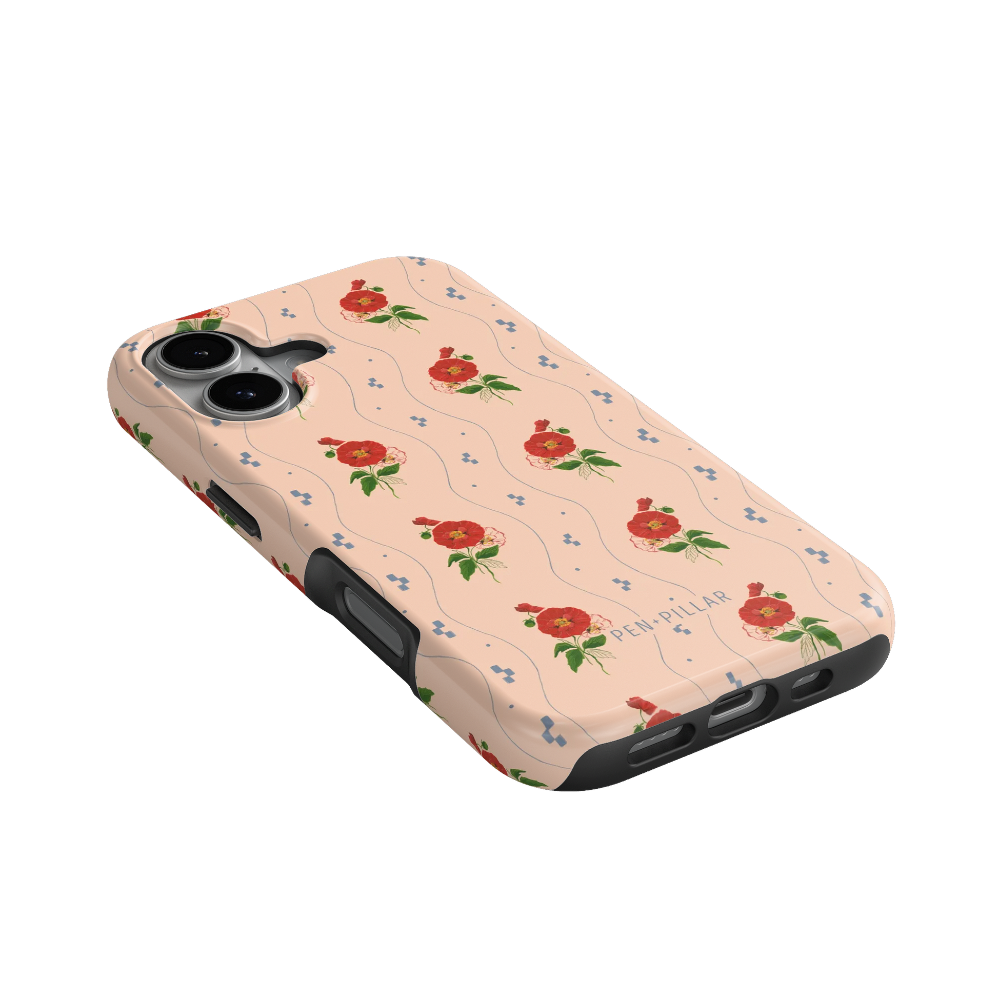 Peach plastic iPhone case with red poppy flowers, blue wavy lines, and PEN + PILLAR printed on the back.