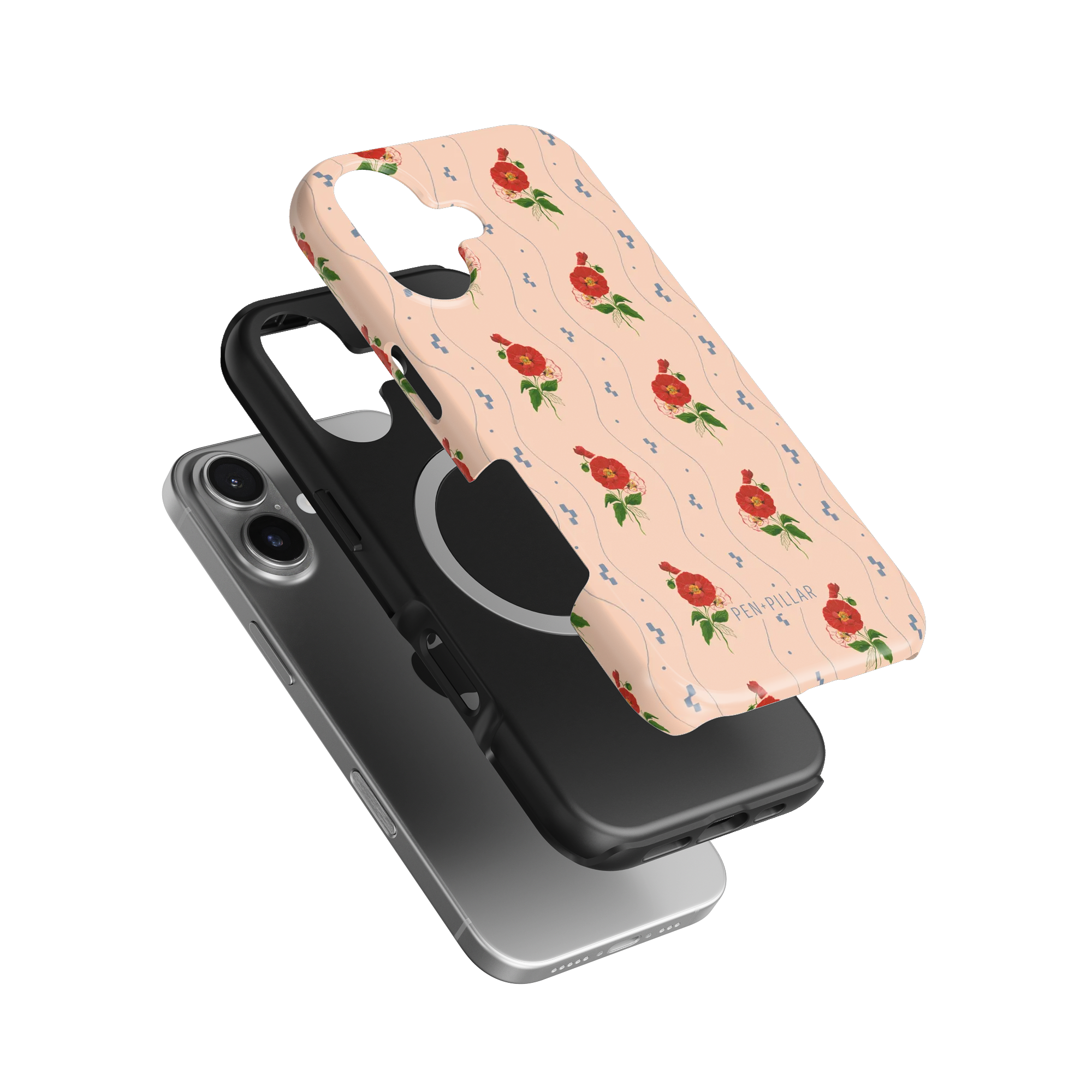 Exploded view of a silver iPhone, black inner liner, and peach plastic case with red poppy flowers and PEN+PILLAR text.