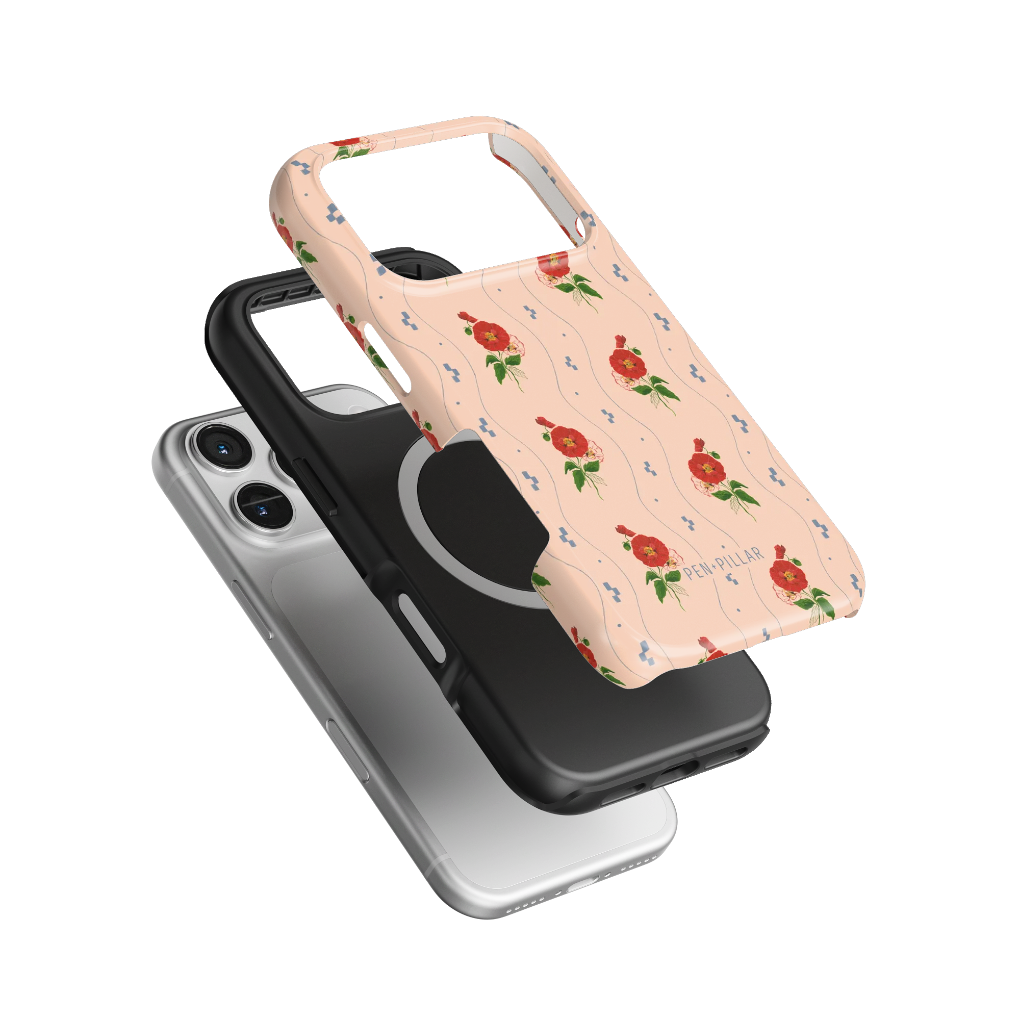 Peach plastic iPhone case with red poppy flowers and PEN + PILLAR text, shown layered over a black liner and silver phone.