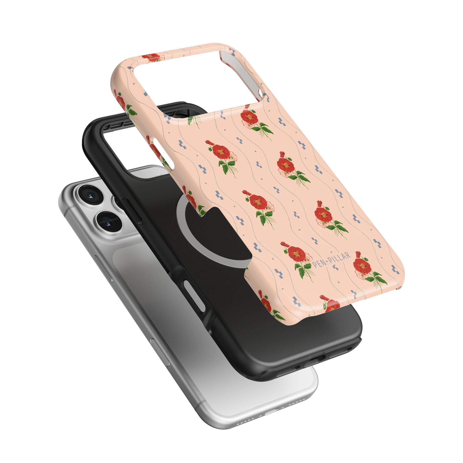 Peach plastic iPhone case with red floral pattern and PEN+PILLAR text, shown layered over a black liner and silver phone.