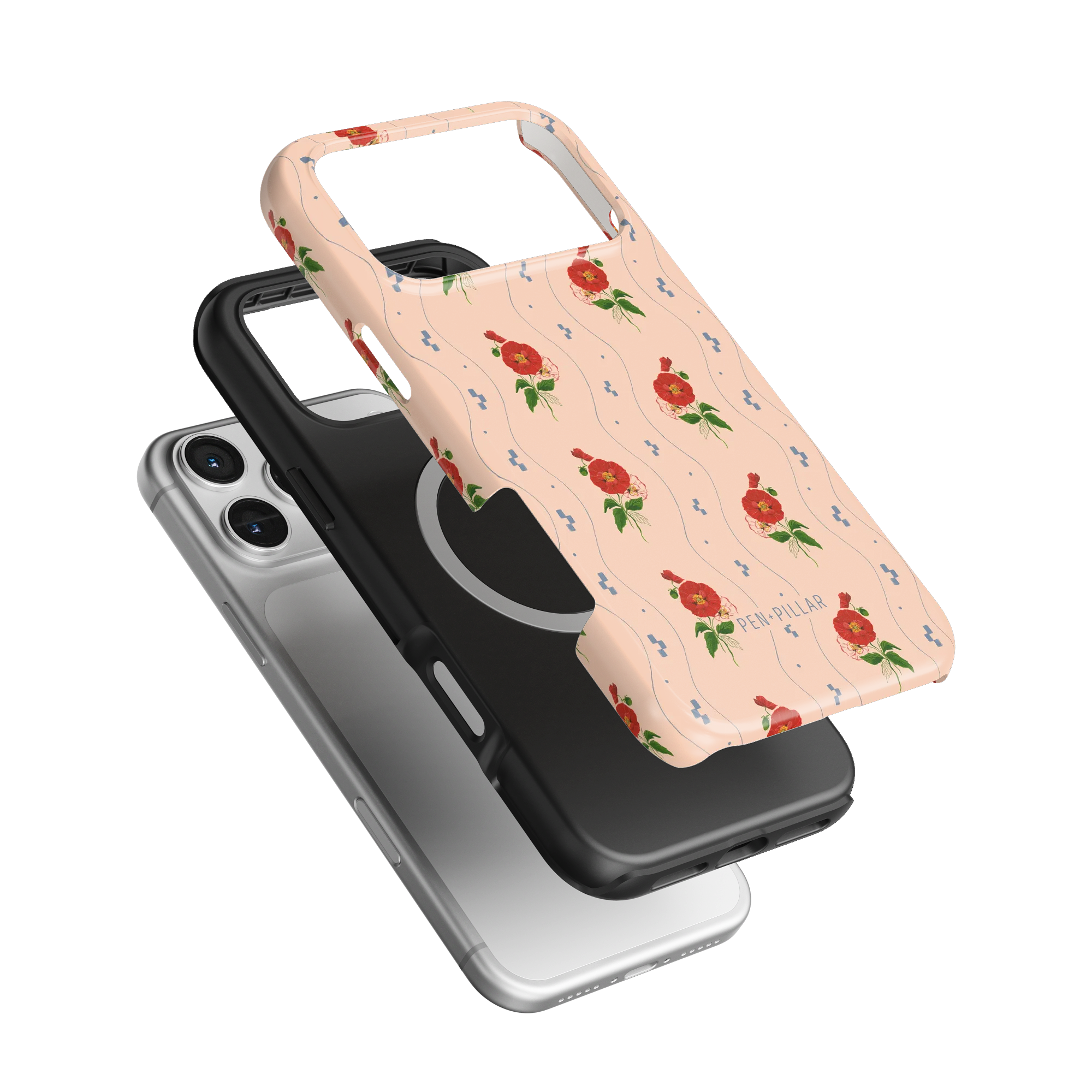 Peach plastic iPhone case with red floral pattern and PEN+PILLAR text, shown layered over a black liner and silver phone.