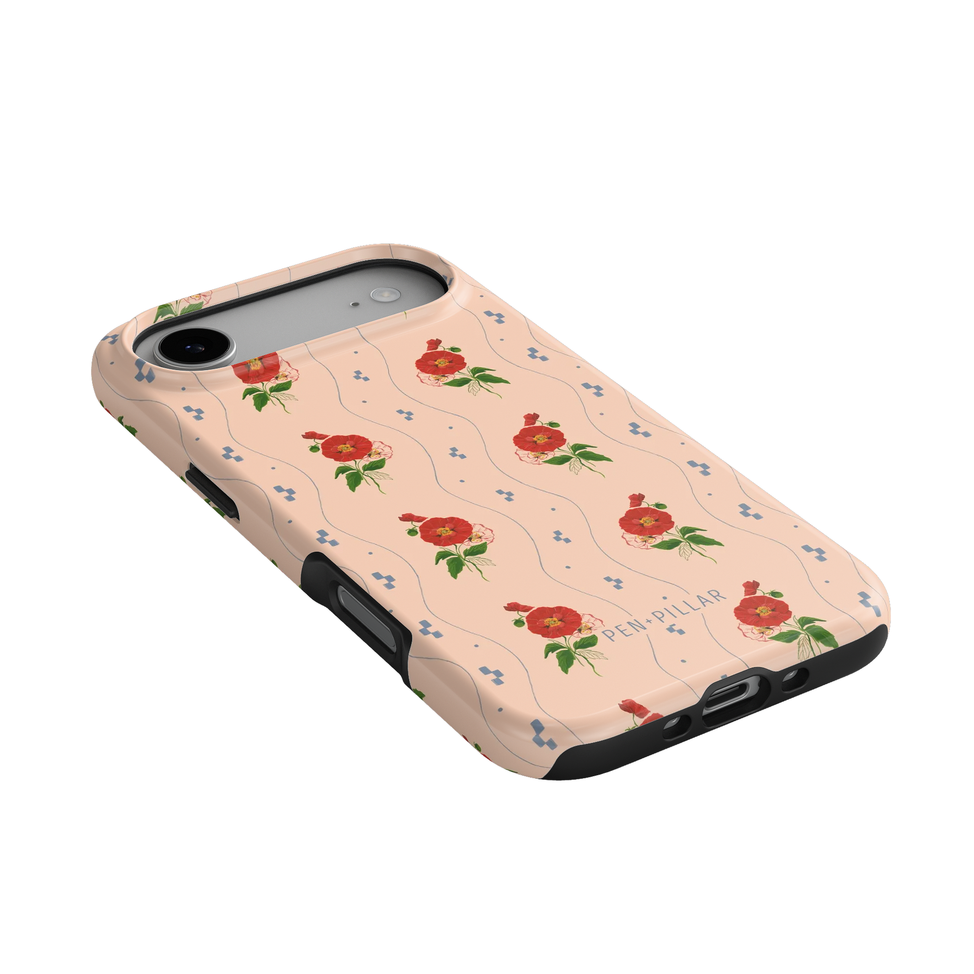 Peach plastic iPhone case with red poppy flowers and blue wavy lines, featuring the PEN+PILLAR brand name.