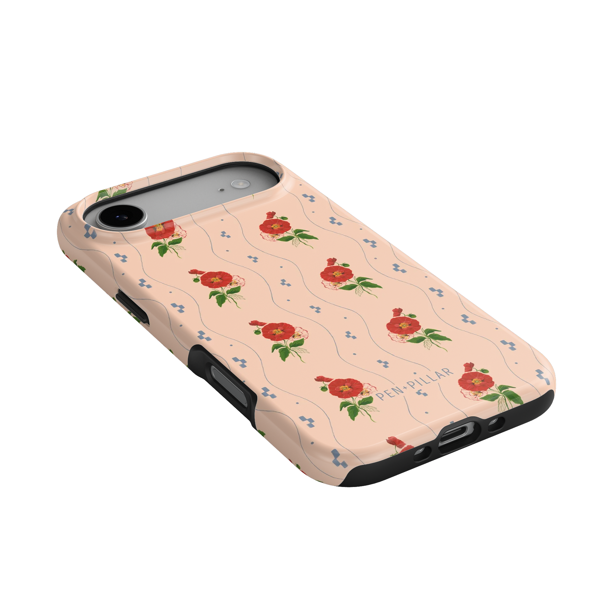 Peach plastic iPhone case with red poppy flowers and blue wavy lines, featuring the PEN+PILLAR brand name.