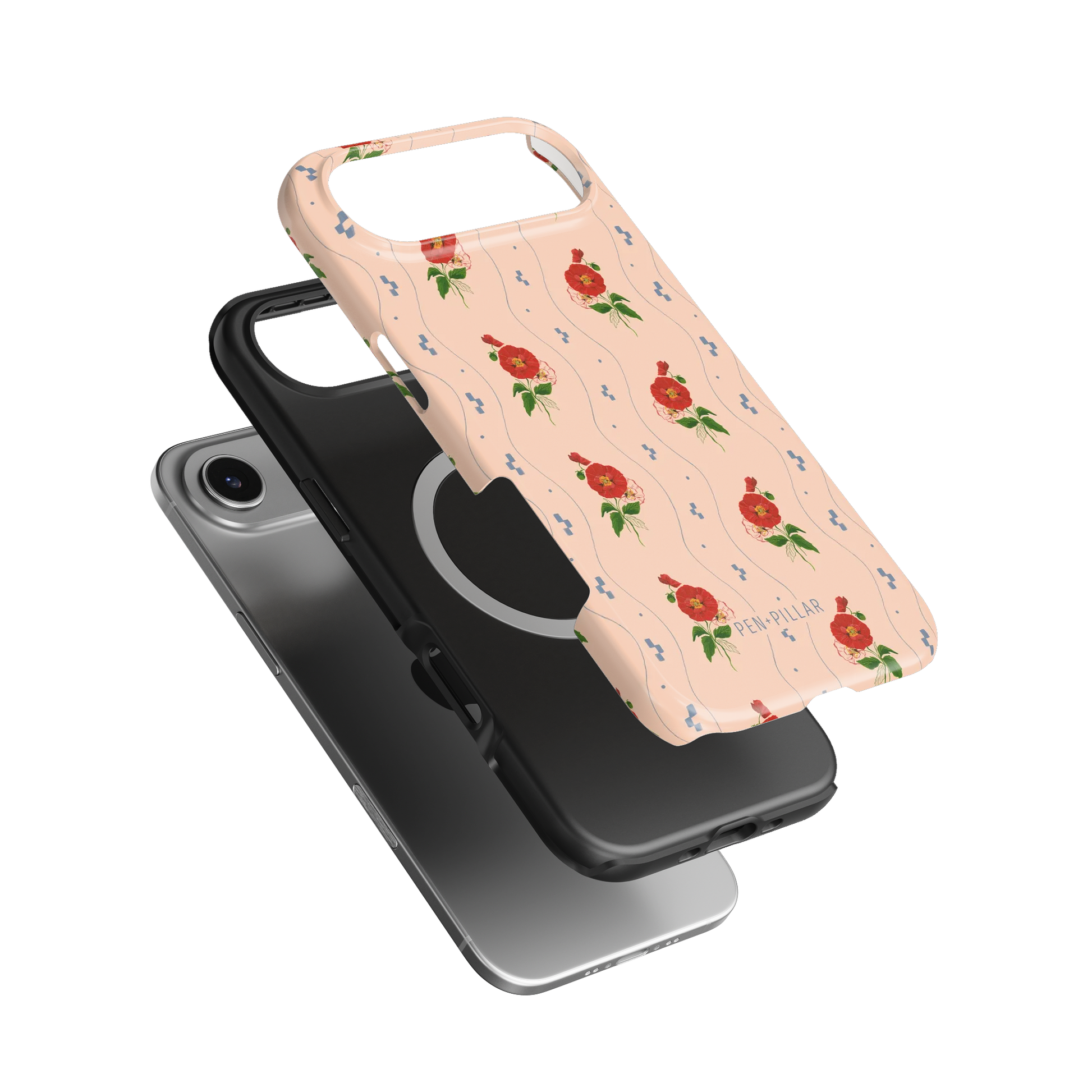 Three-part plastic phone case with red poppy floral pattern and PEN+PILLAR text, shown disassembled over a silver iPhone.