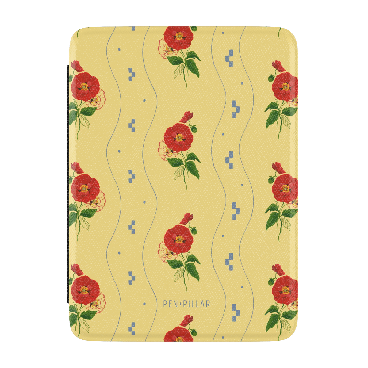 Yellow Kindle case with red gladiolus flowers, blue wavy lines, and PEN+PILLAR printed at the bottom.