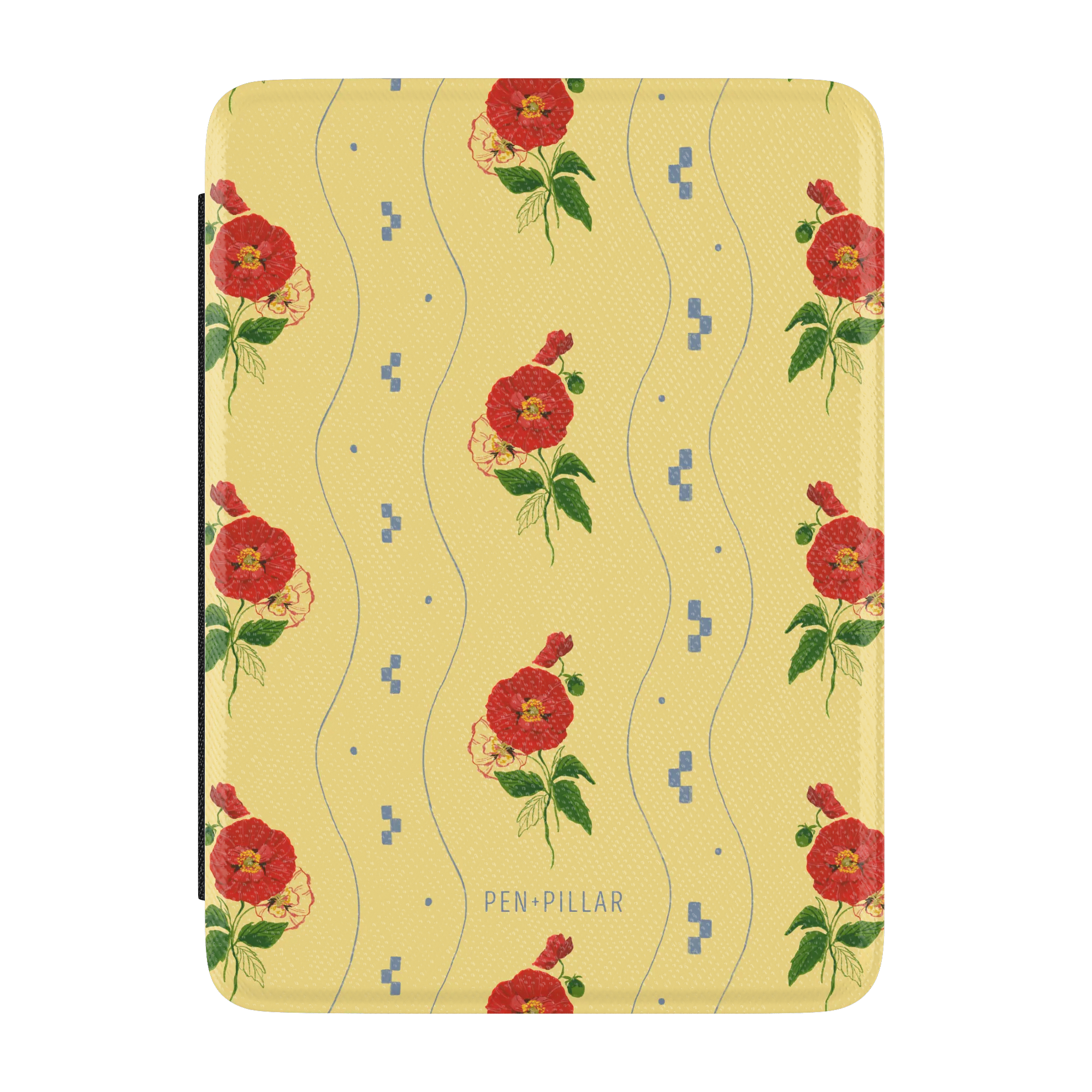 Yellow Kindle case with red gladiolus flowers, blue wavy lines, and PEN+PILLAR printed at the bottom.