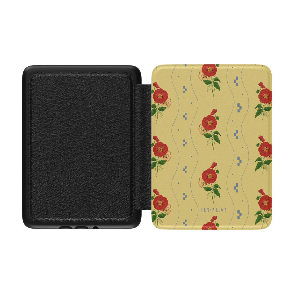 Open Kindle case with a black interior and a yellow exterior featuring red floral patterns and the PEN+PILLAR brand name.