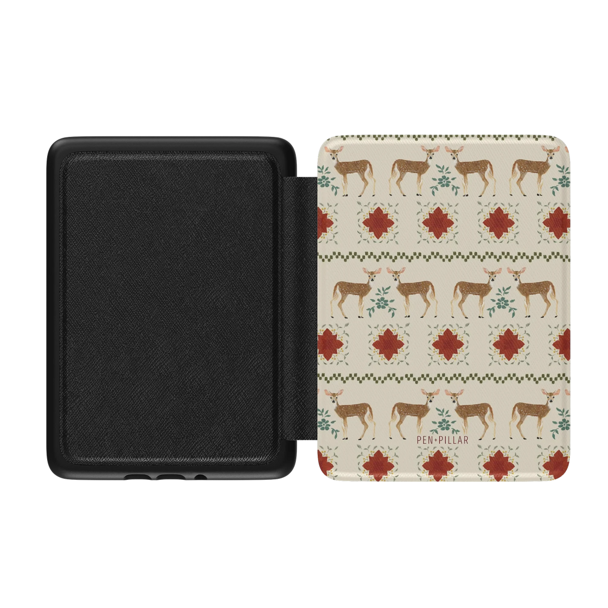 Cardigan Kindle case opened flat, black inner lining on the left and the printed front cover on the right