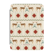 Cardigan Kindle case, front cover: rows of deer and red flower motifs like a holiday sweater, on cream
