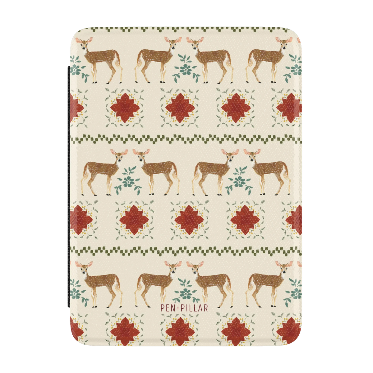 Cardigan Kindle case, front cover: rows of deer and red flower motifs like a holiday sweater, on cream