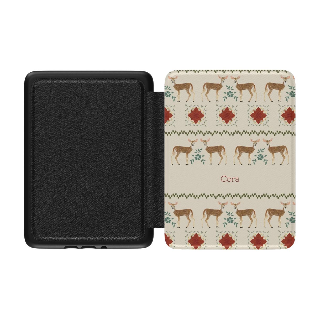 Cardigan Personalized Kindle case opened flat, black inner lining on the left and the printed front cover on the right