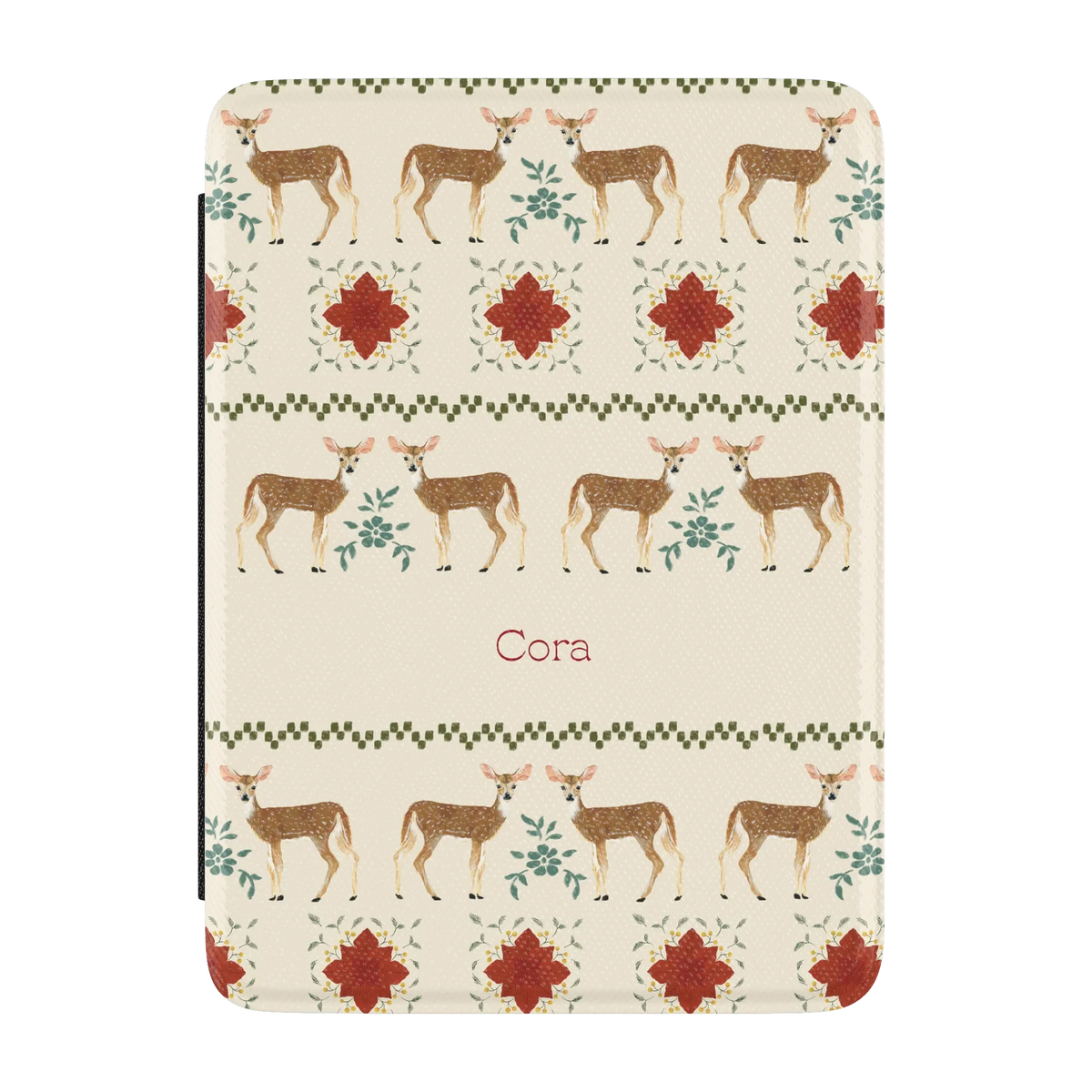 Cardigan Personalized Kindle case, front cover: rows of deer and red flower motifs like a holiday sweater, on cream with the name Cora