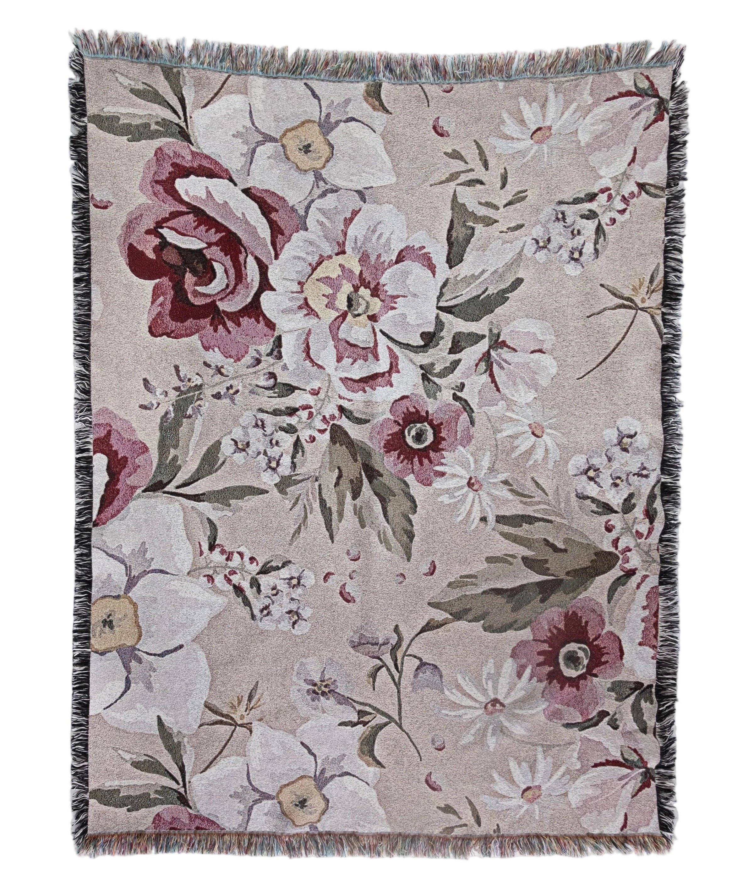 Floral patterned throw blanket on a white background
