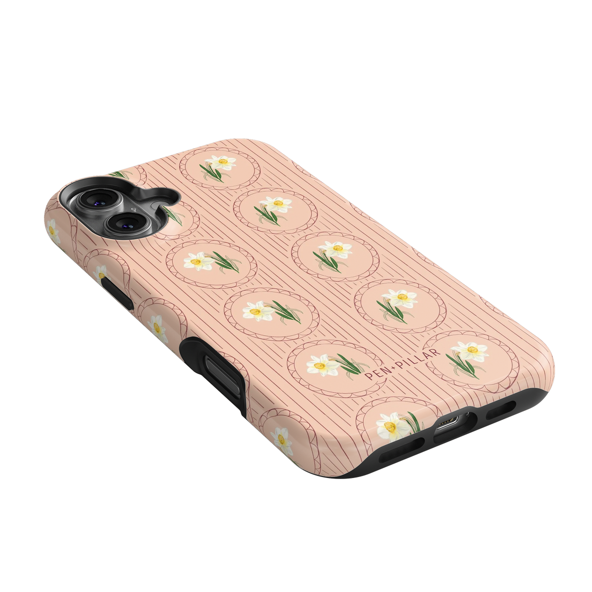 Pink plastic iPhone case with white narcissus flowers in circles and PEN + PILLAR printed on a striped background.
