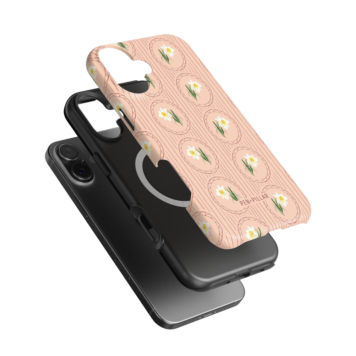 Pink floral iPhone case with white narcissus flowers in circles, layered over a black case and phone. PEN+PILLAR text.