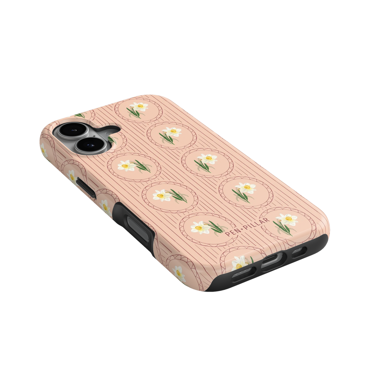 Pink plastic iPhone case with a pattern of white flowers in circles and PEN PILLAR printed on the back.