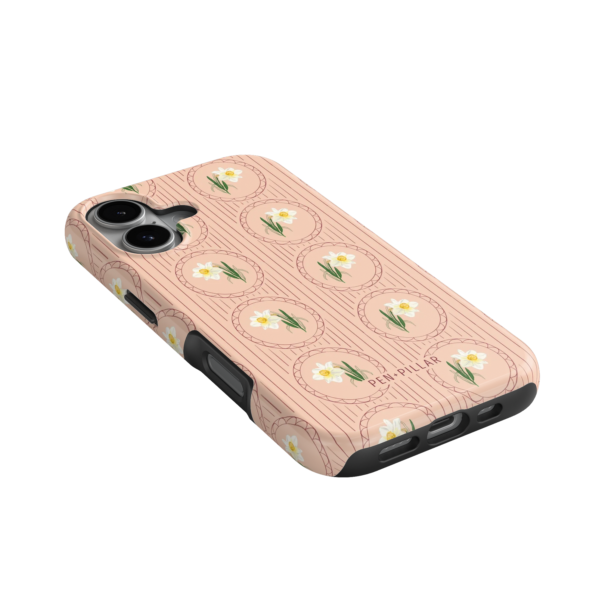 Pink plastic iPhone case with a pattern of white flowers in circles and PEN PILLAR printed on the back.