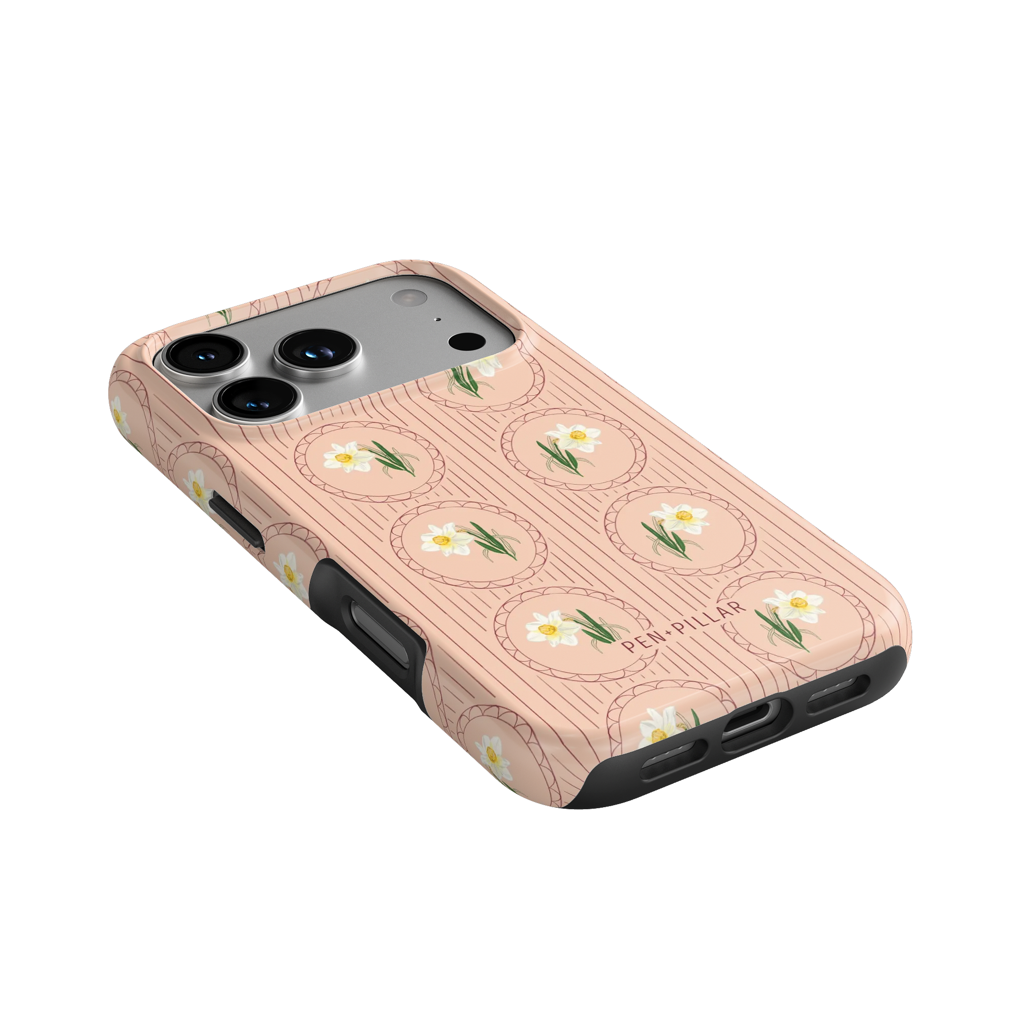 Peach plastic iPhone case with white narcissus flowers in circles and Pen + Pillar printed on the back.
