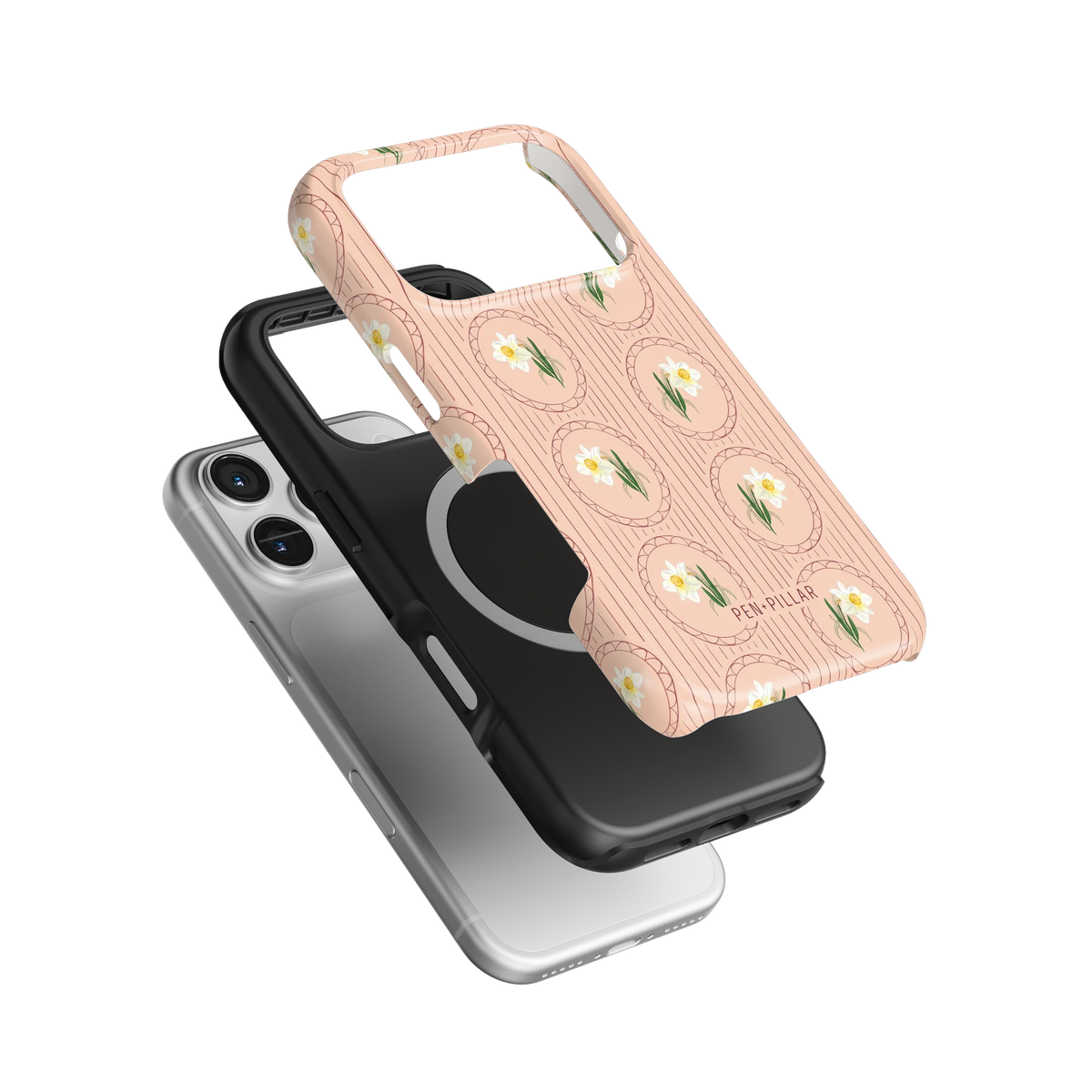 Pink floral iPhone case with white narcissus flowers in circles, layered over a black liner and silver phone by PEN + PILLAR.