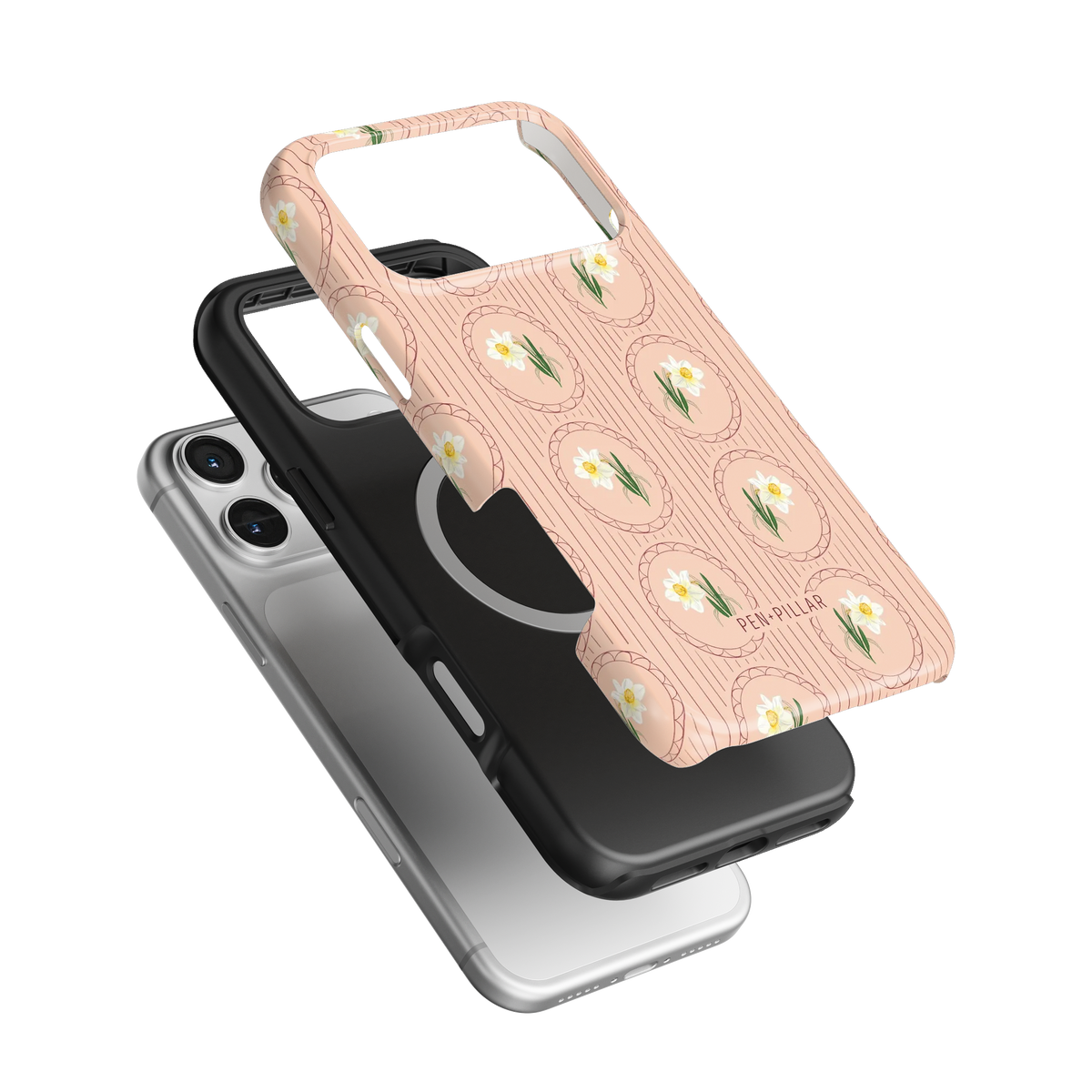 Pink plastic iPhone case with white narcissus flowers and Pen + Pillar text, shown with a black liner and silver phone.