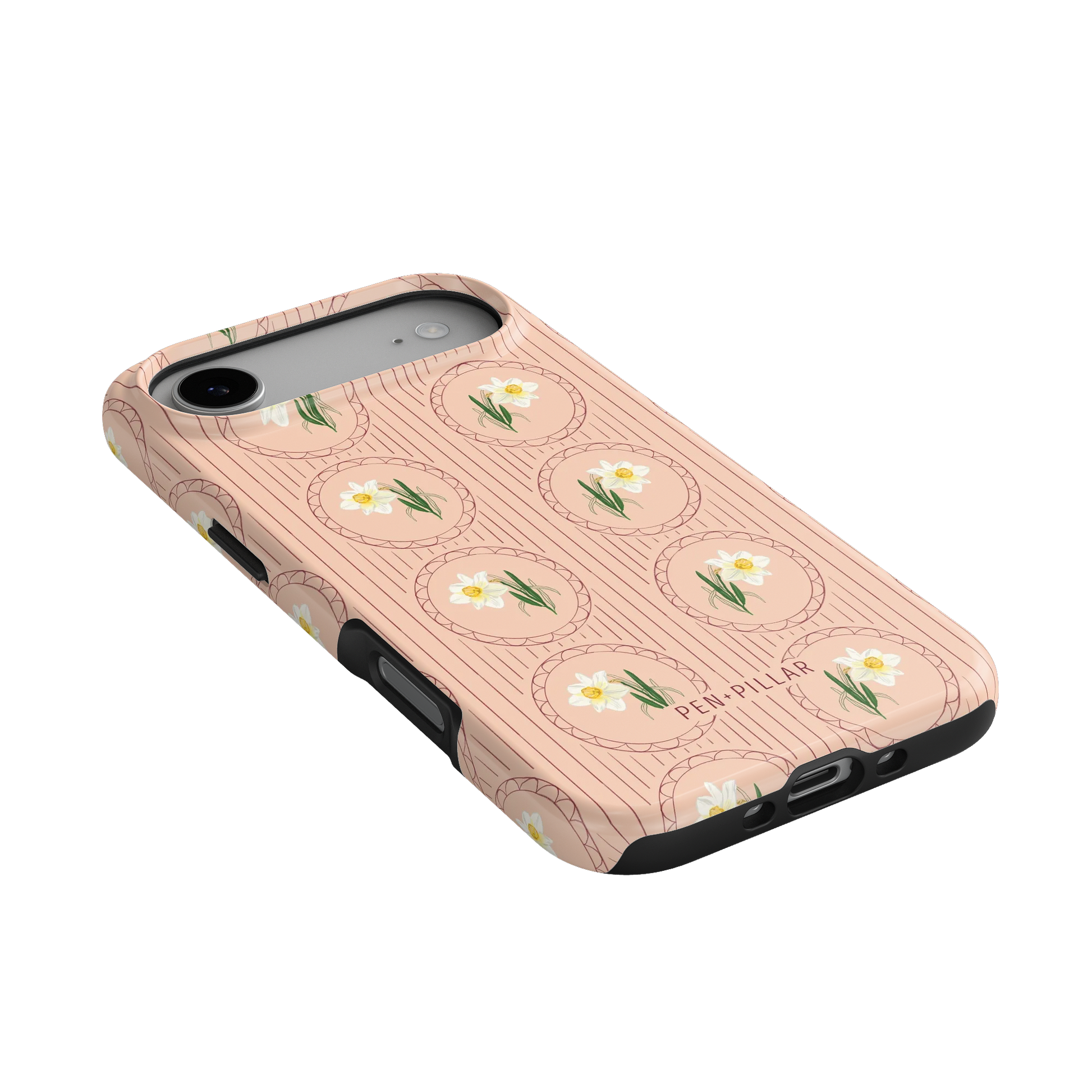 Pink plastic iPhone case with white narcissus flowers in circles and Pen + Pillar printed on the back.