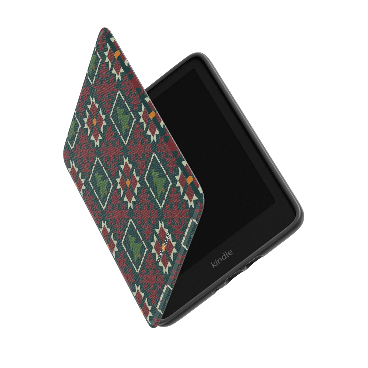 Evergreen Kindle case standing partly open, showing the printed front cover and the Kindle inside