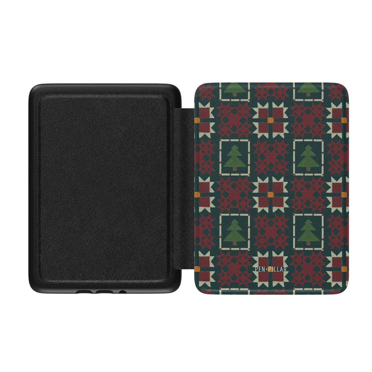 Evergreen Kindle case opened flat, black inner lining on the left and the printed front cover on the right