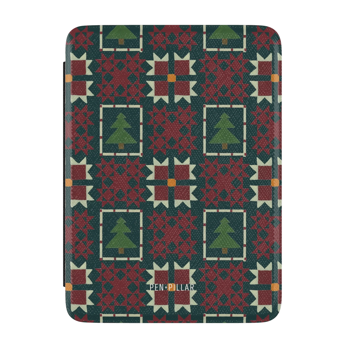 Evergreen Kindle case, front cover: deep green quilt blocks with red stars and small pine trees