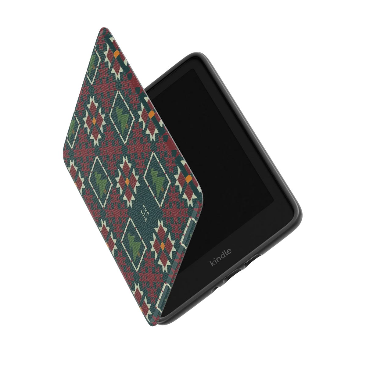 Evergreen Personalized Kindle case standing partly open, showing the printed front cover and the Kindle inside
