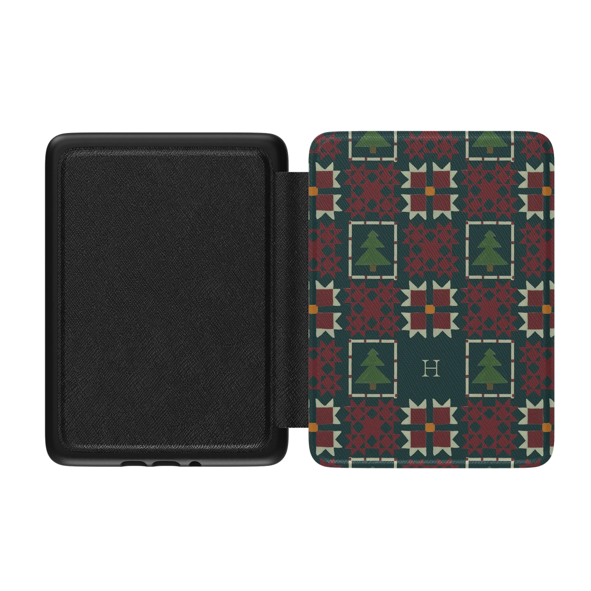 Evergreen Personalized Kindle case opened flat, black inner lining on the left and the printed front cover on the right
