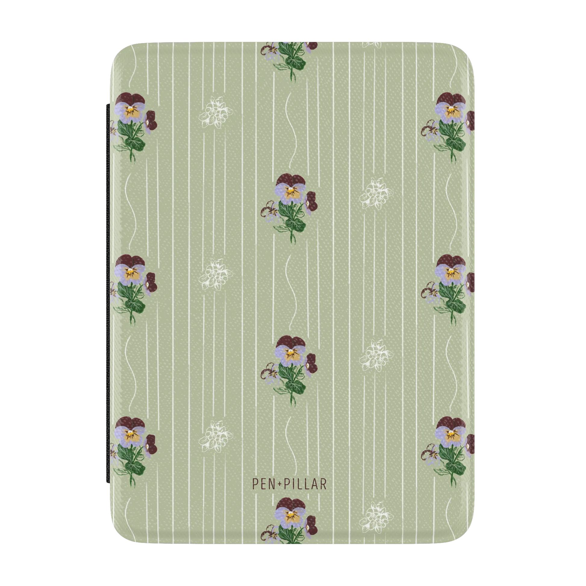 Light green Kindle case with white vertical stripes and purple pansy flowers. PEN+PILLAR is printed at the bottom.