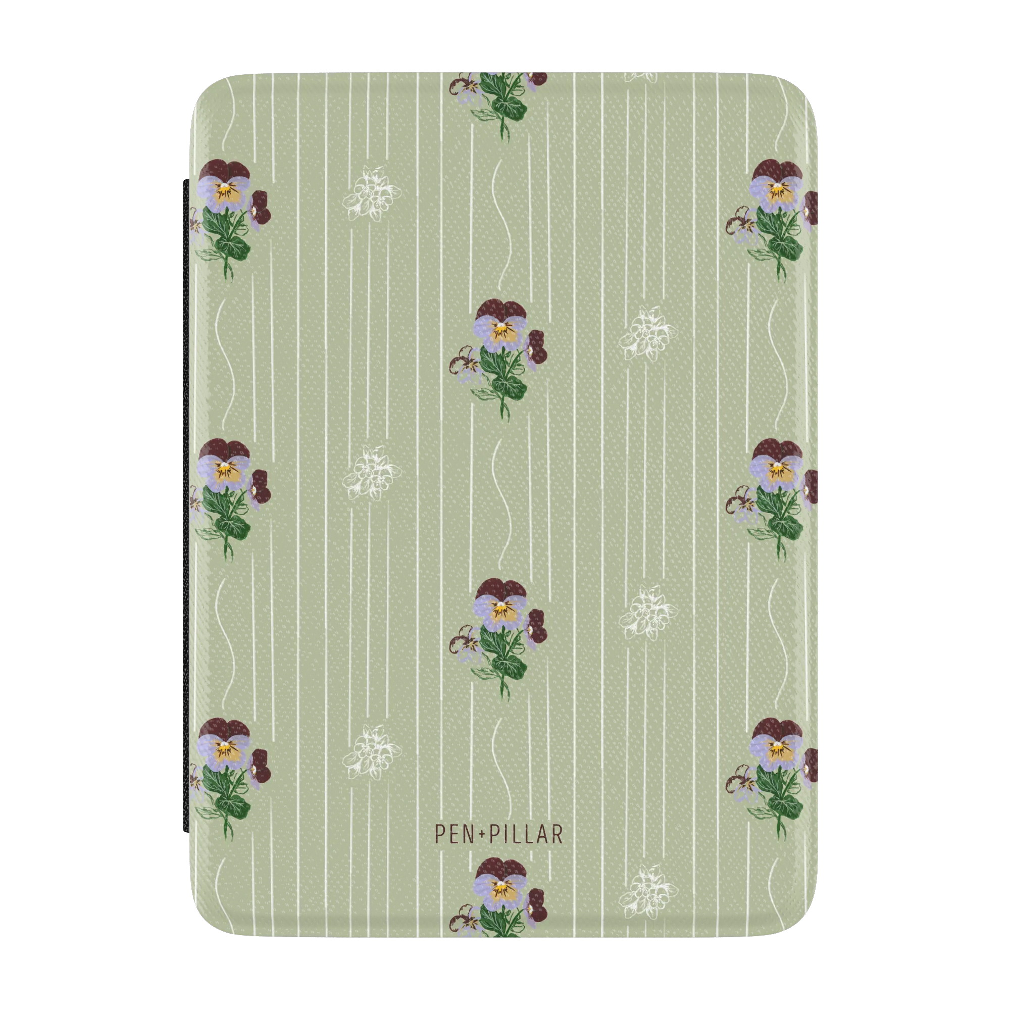Light green Kindle case with white vertical stripes and purple pansy flowers. PEN+PILLAR is printed at the bottom.
