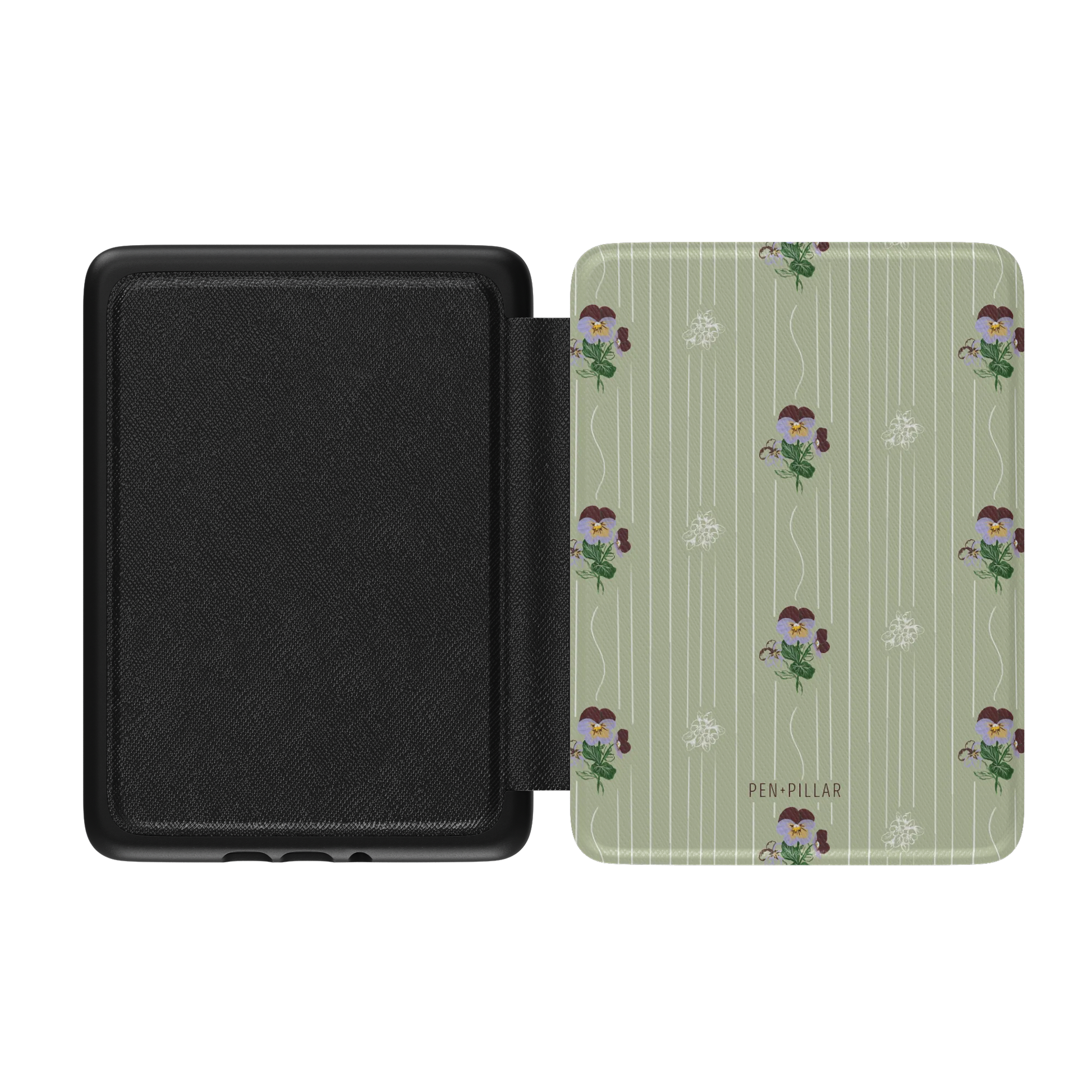 Open black Kindle case with a green striped floral pattern and PEN PILLAR printed on the front cover.