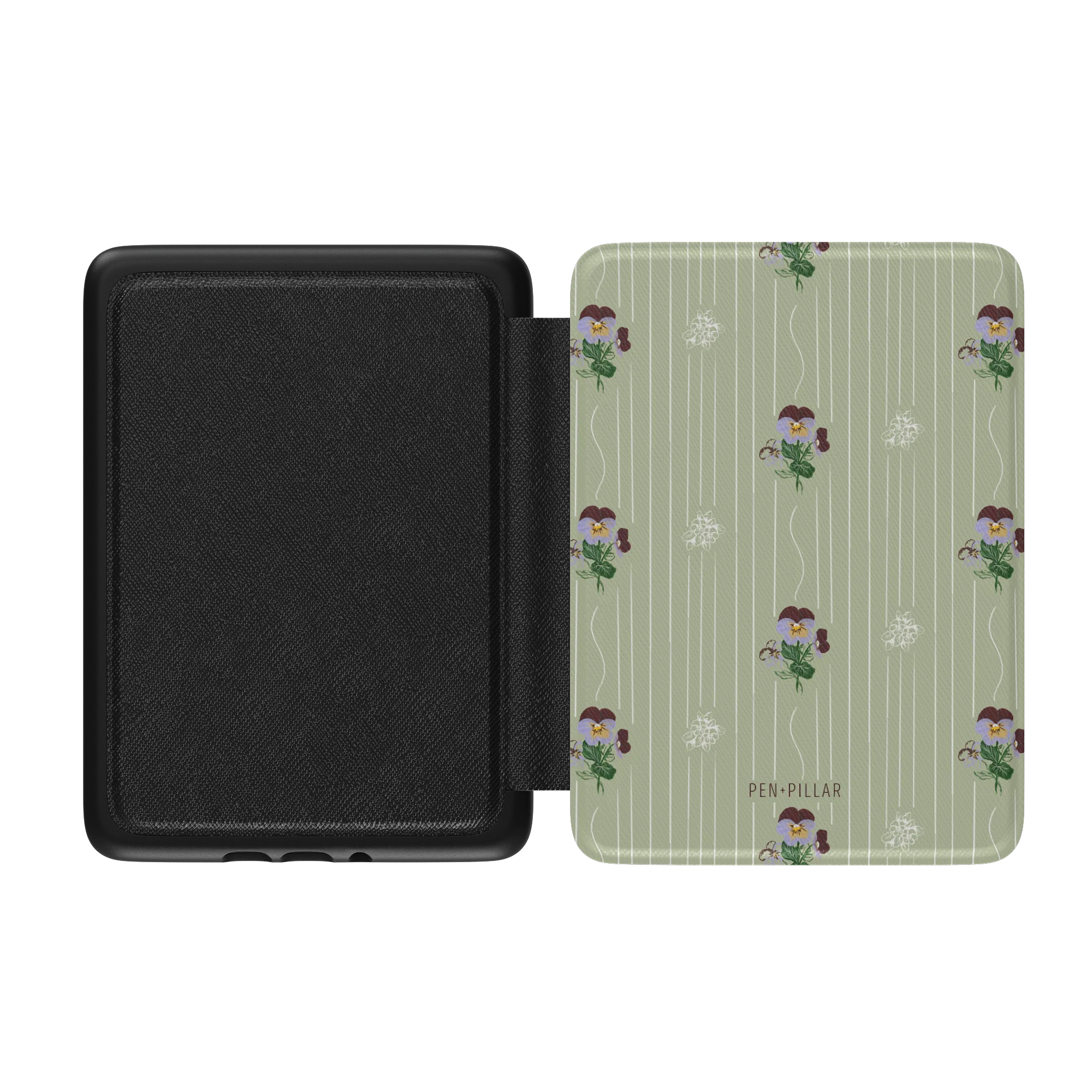 Open black Kindle case with a green striped floral pattern and PEN PILLAR printed on the front cover.