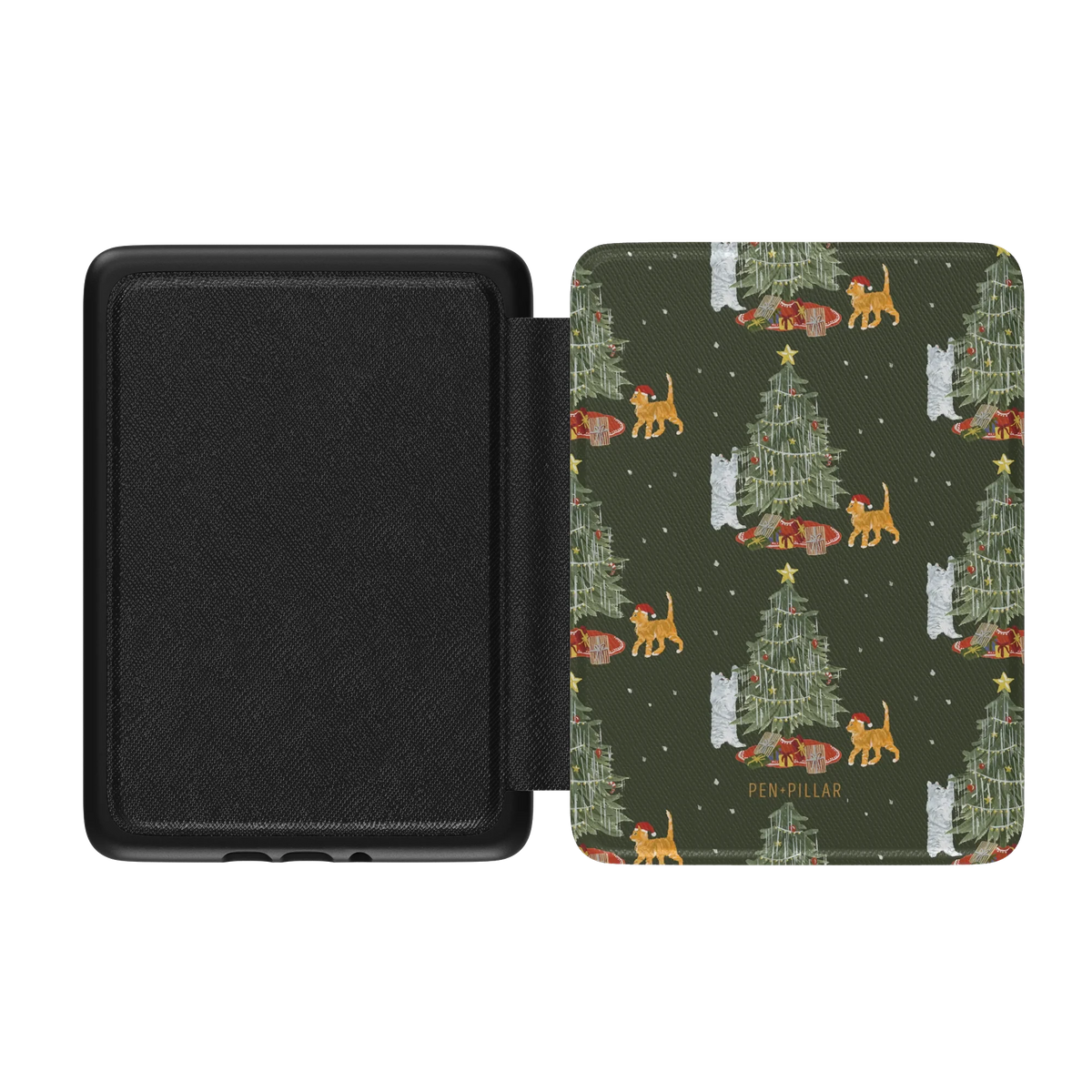 Festive Cats Kindle case opened flat, black inner lining on the left and the printed front cover on the right
